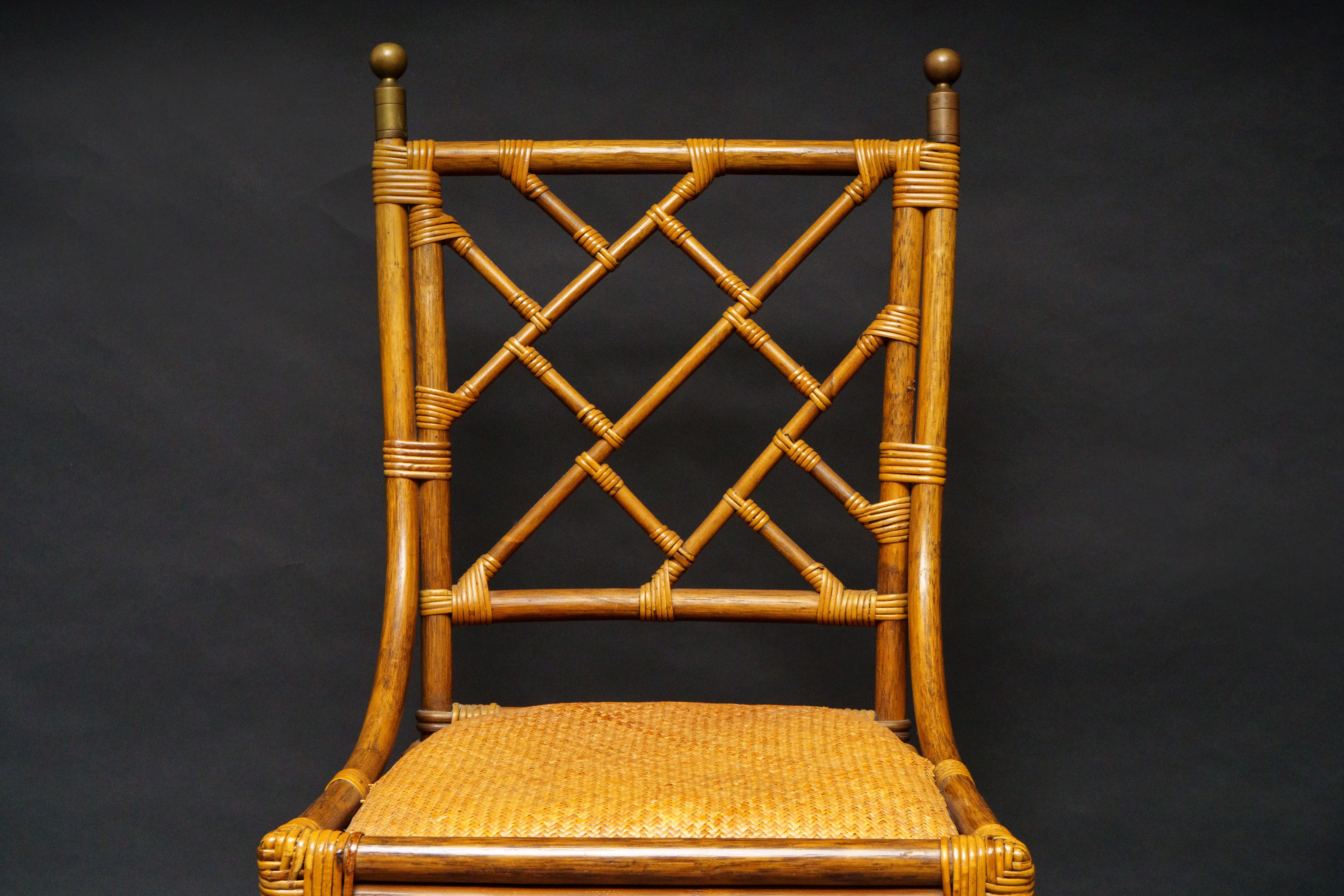 20th Century Pair of Mid Century French Rattan Brass Side Chairs
