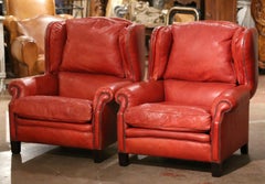 Pair of Mid-Century French Red Leather Wing Back Club Armchairs with Nail Heads