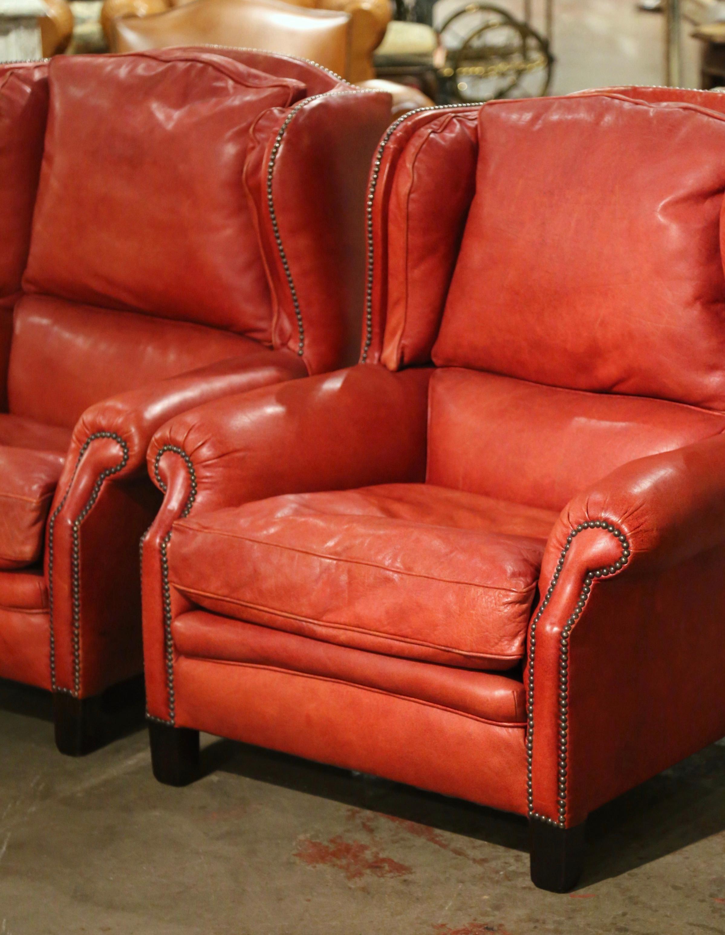 Art Deco Pair of Mid-Century French Red Leather Wing Back Club Armchairs with Nail Heads For Sale
