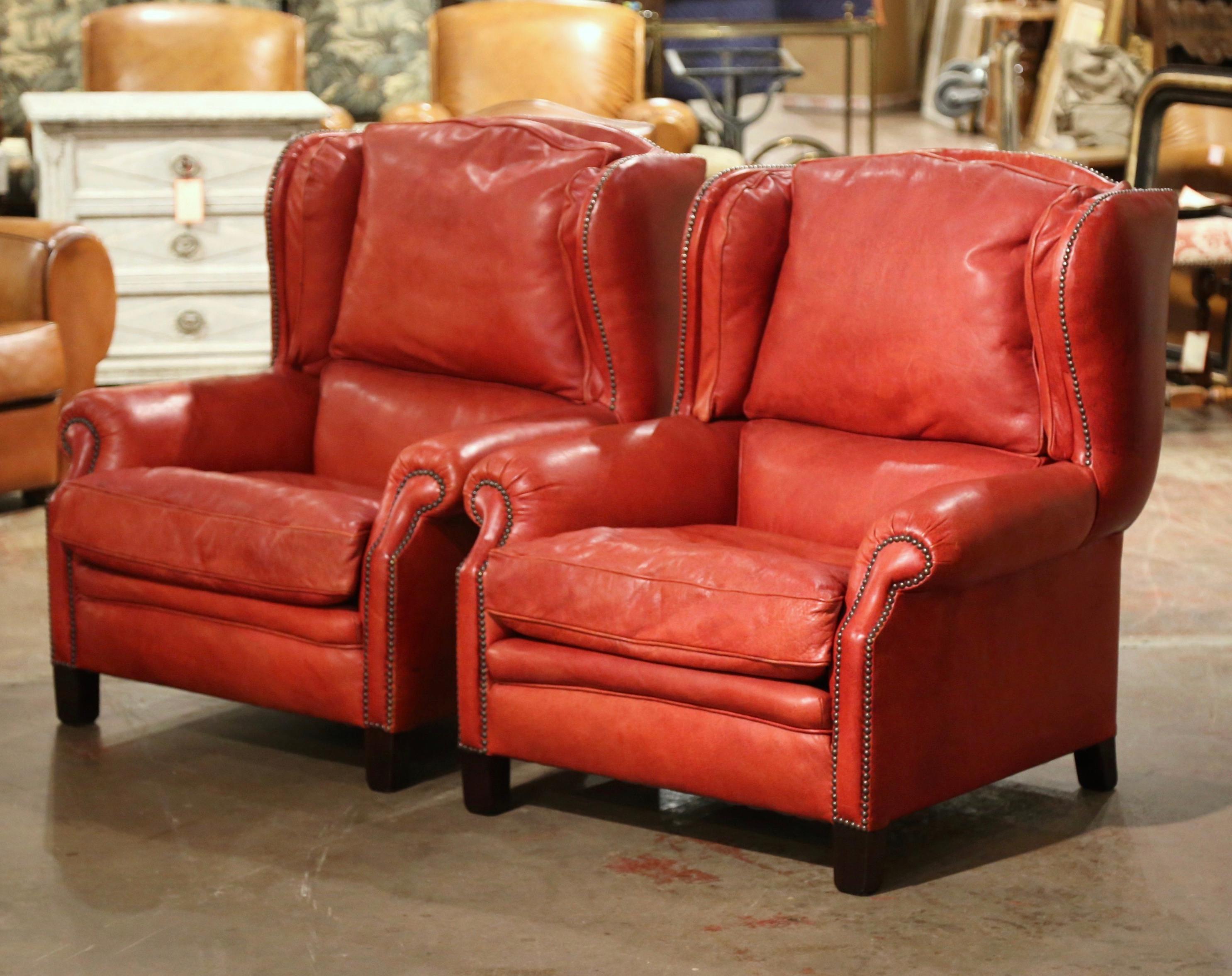 Pair of Mid-Century French Red Leather Wing Back Club Armchairs with Nail Heads In Excellent Condition For Sale In Dallas, TX