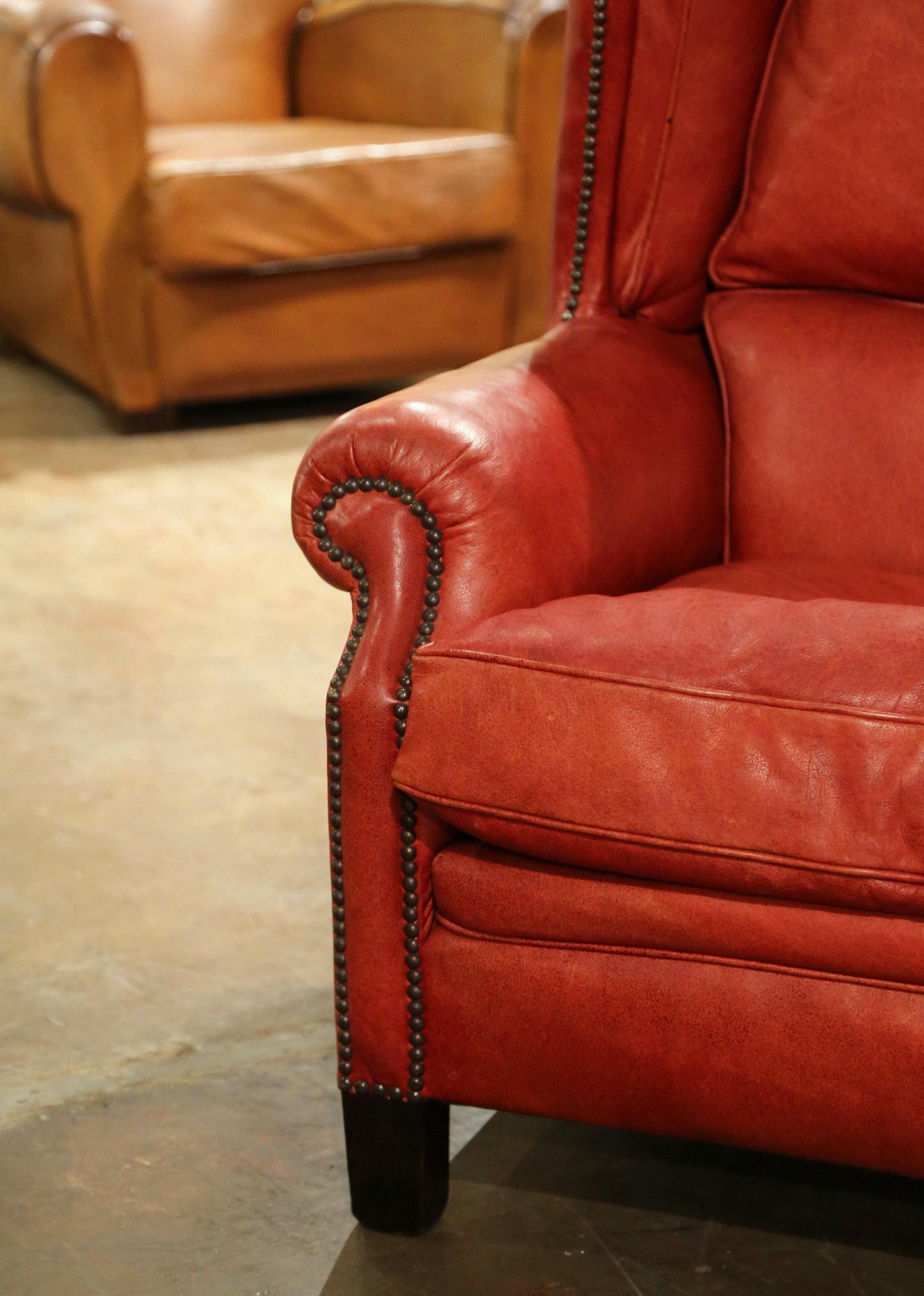 Pair of Mid-Century French Red Leather Wing Back Club Armchairs with Nail Heads For Sale 1
