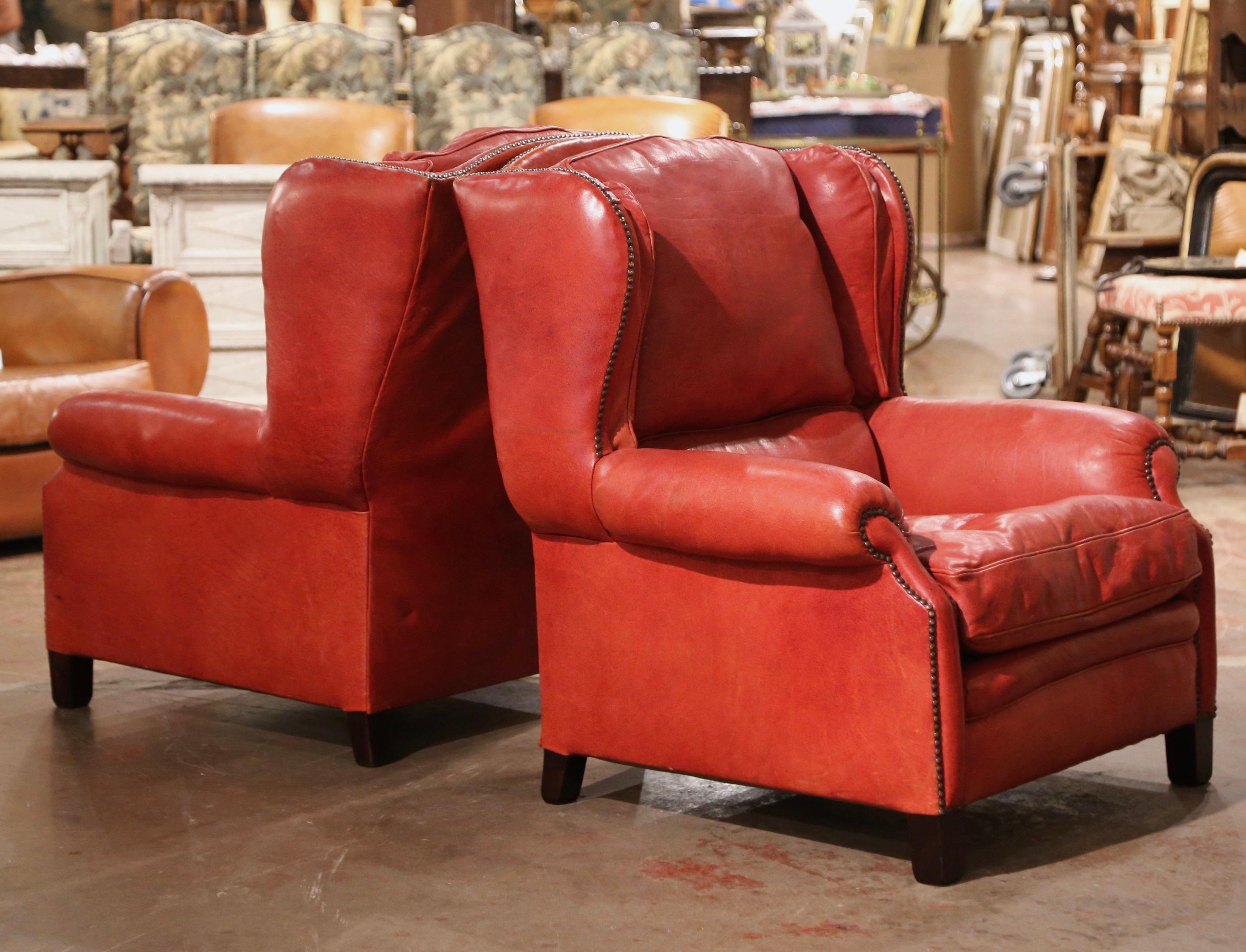 Pair of Mid-Century French Red Leather Wing Back Club Armchairs with Nail Heads For Sale 2