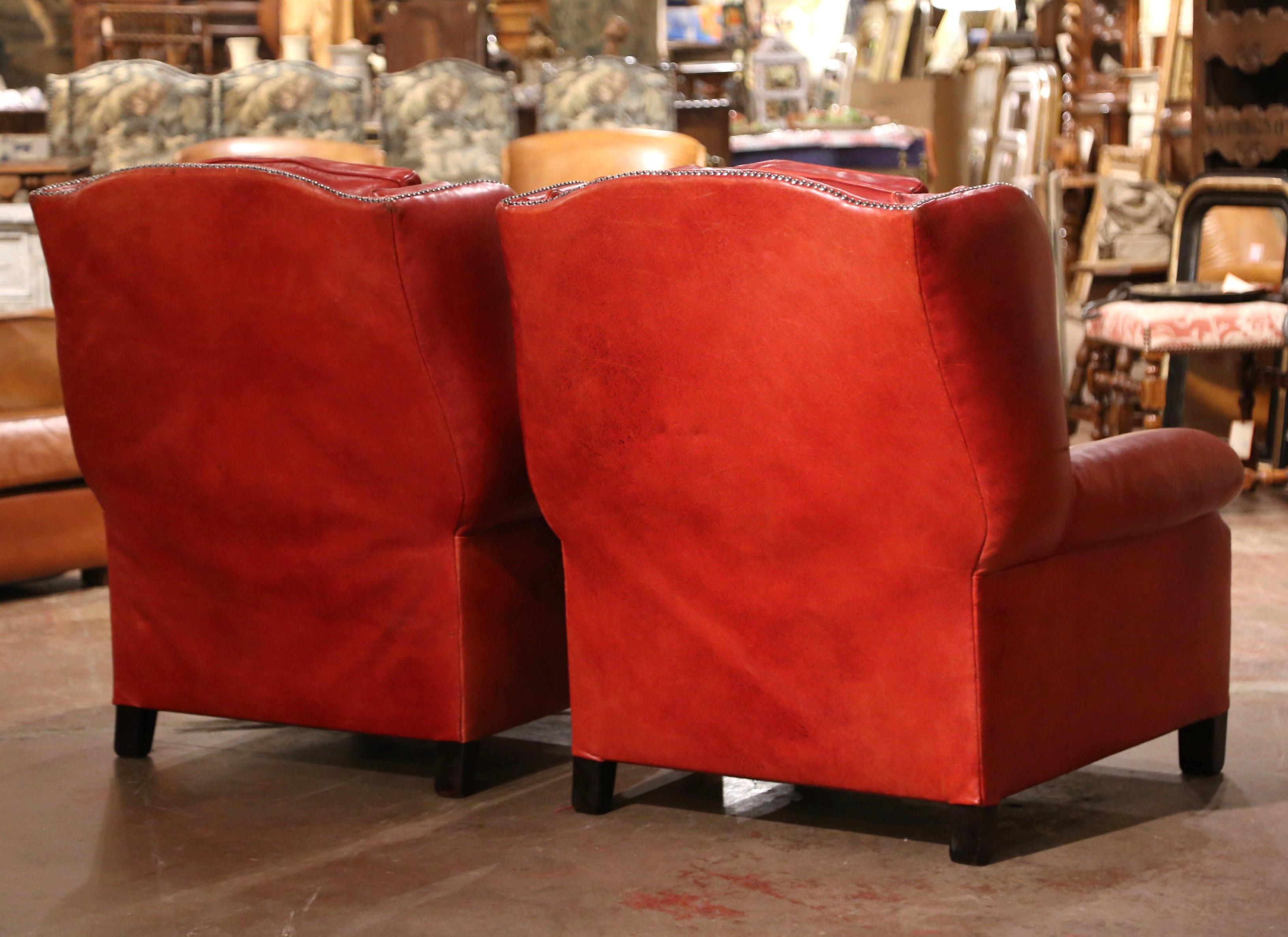 Pair of Mid-Century French Red Leather Wing Back Club Armchairs with Nail Heads For Sale 3