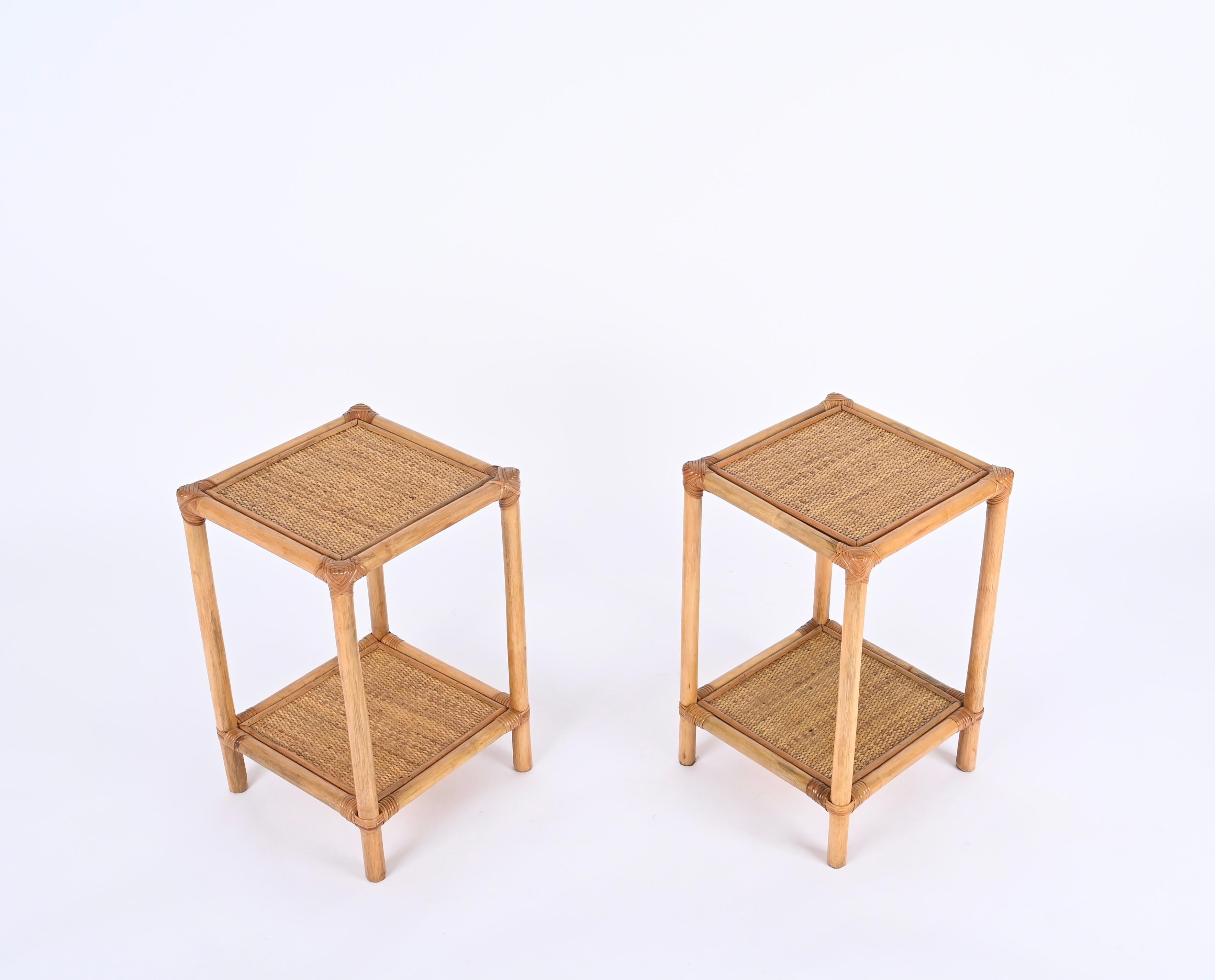 Pair of Mid-Century French Riviera Nightstands in Bamboo and Rattan, Italy 1970s 4