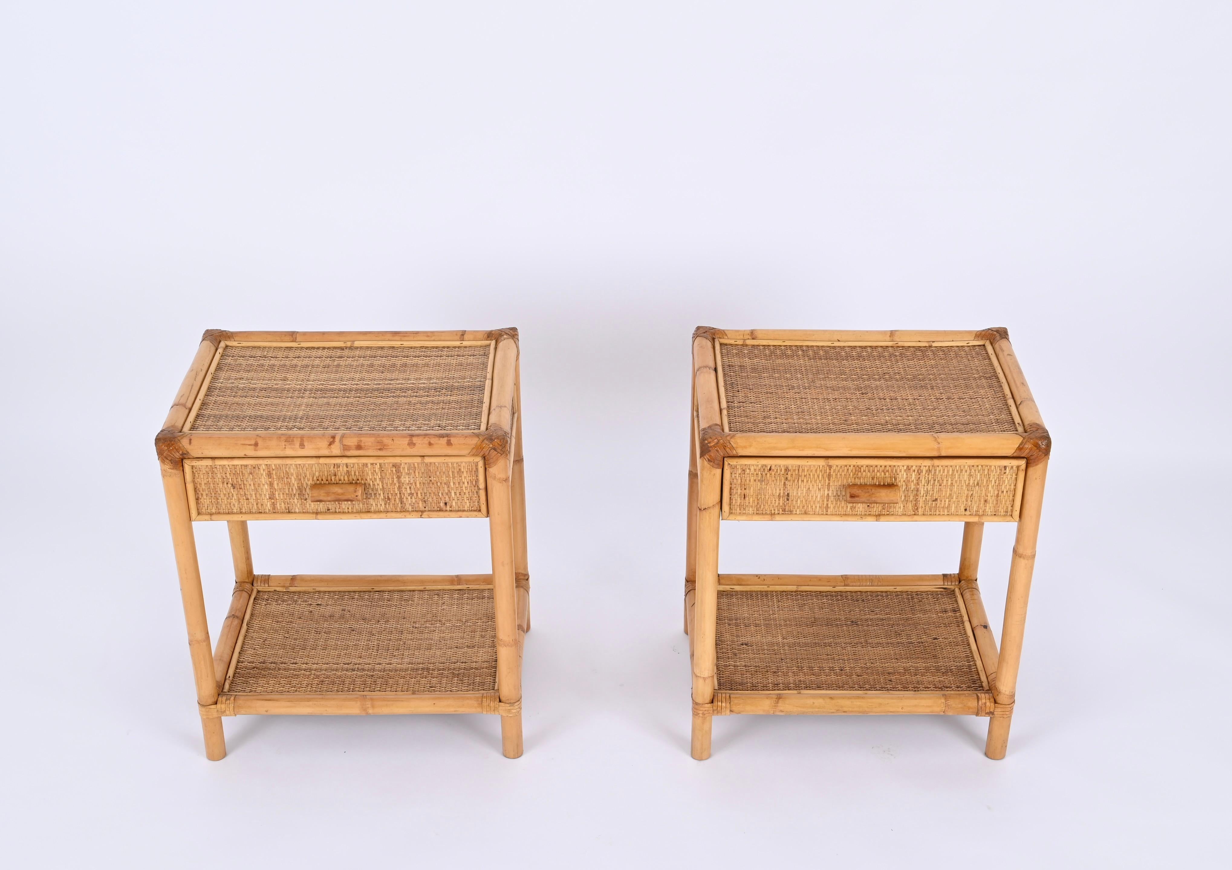 Pair of Mid-Century French Riviera Nightstands in Bamboo and Rattan, Italy 1970s 5