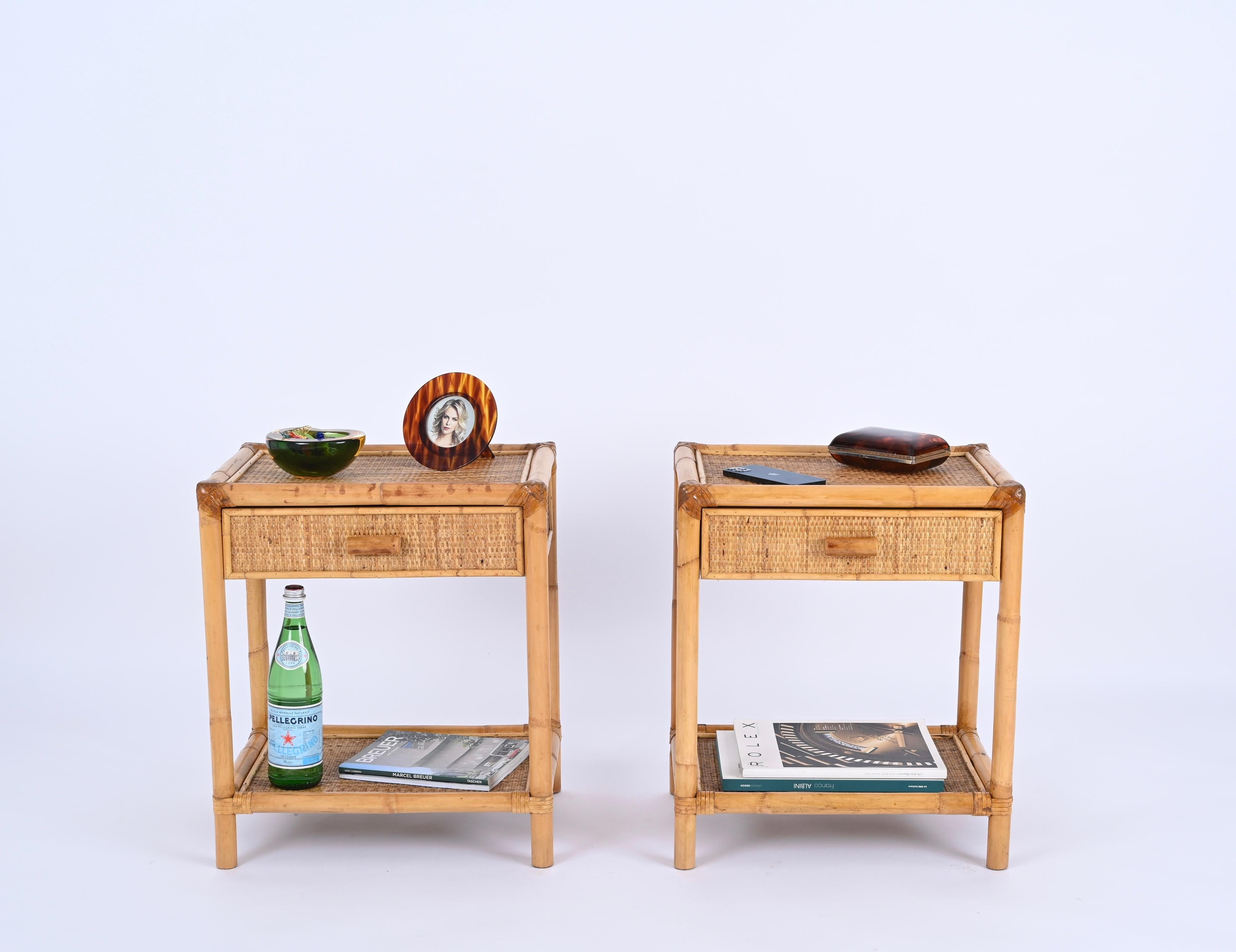 Pair of Mid-Century French Riviera Nightstands in Bamboo and Rattan, Italy 1970s 6