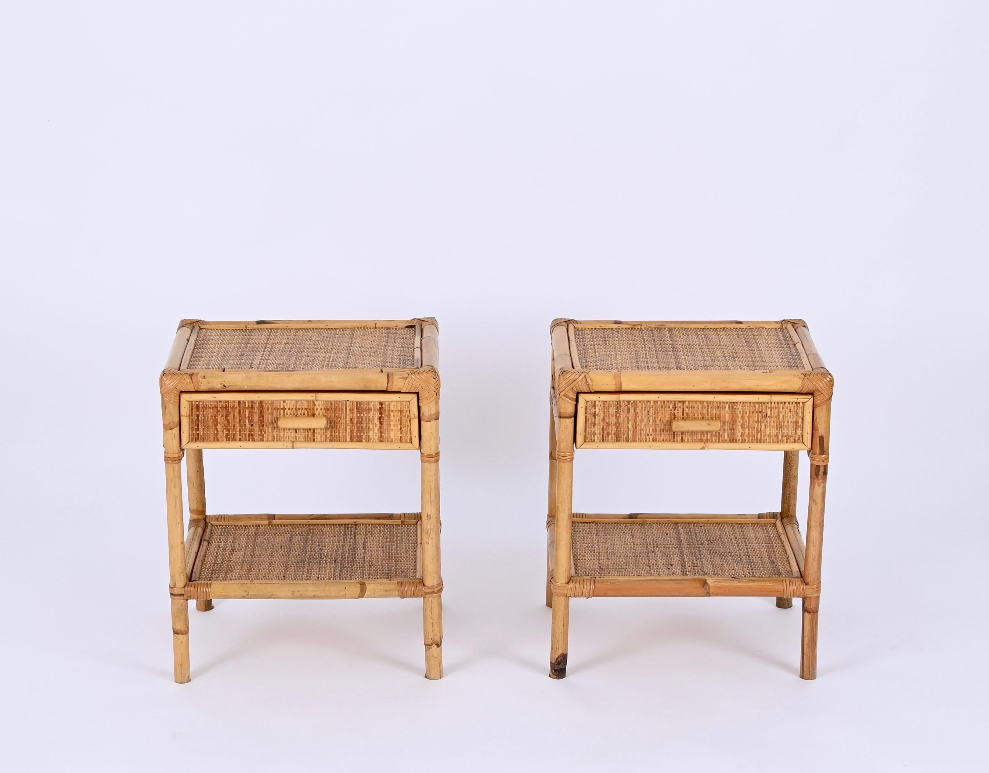 Pair of Mid-Century French Riviera Nightstands in Bamboo and Rattan, Italy 1970s 8