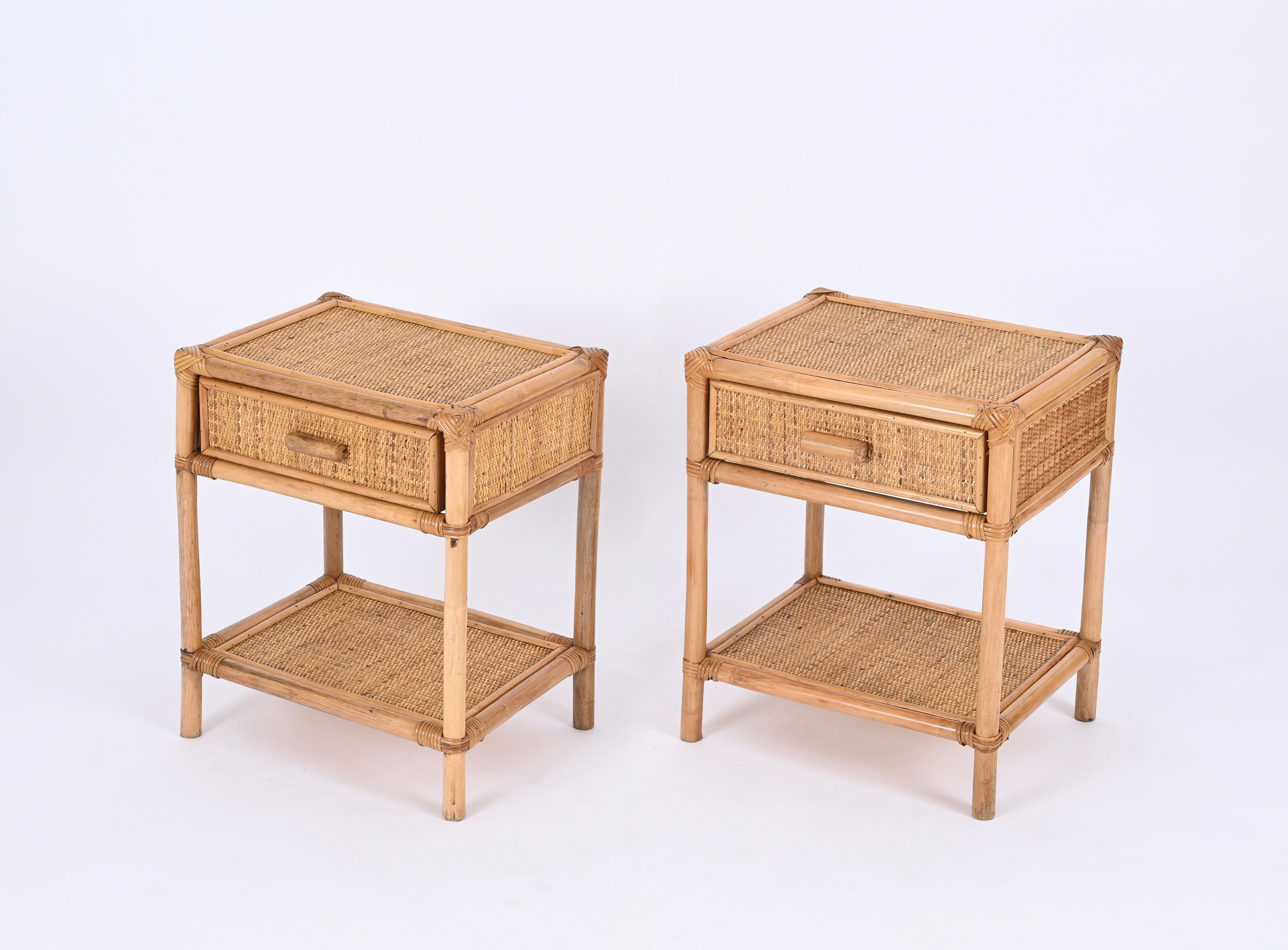 Pair of Mid-Century French Riviera Nightstands in Bamboo and Rattan, Italy 1970s 9