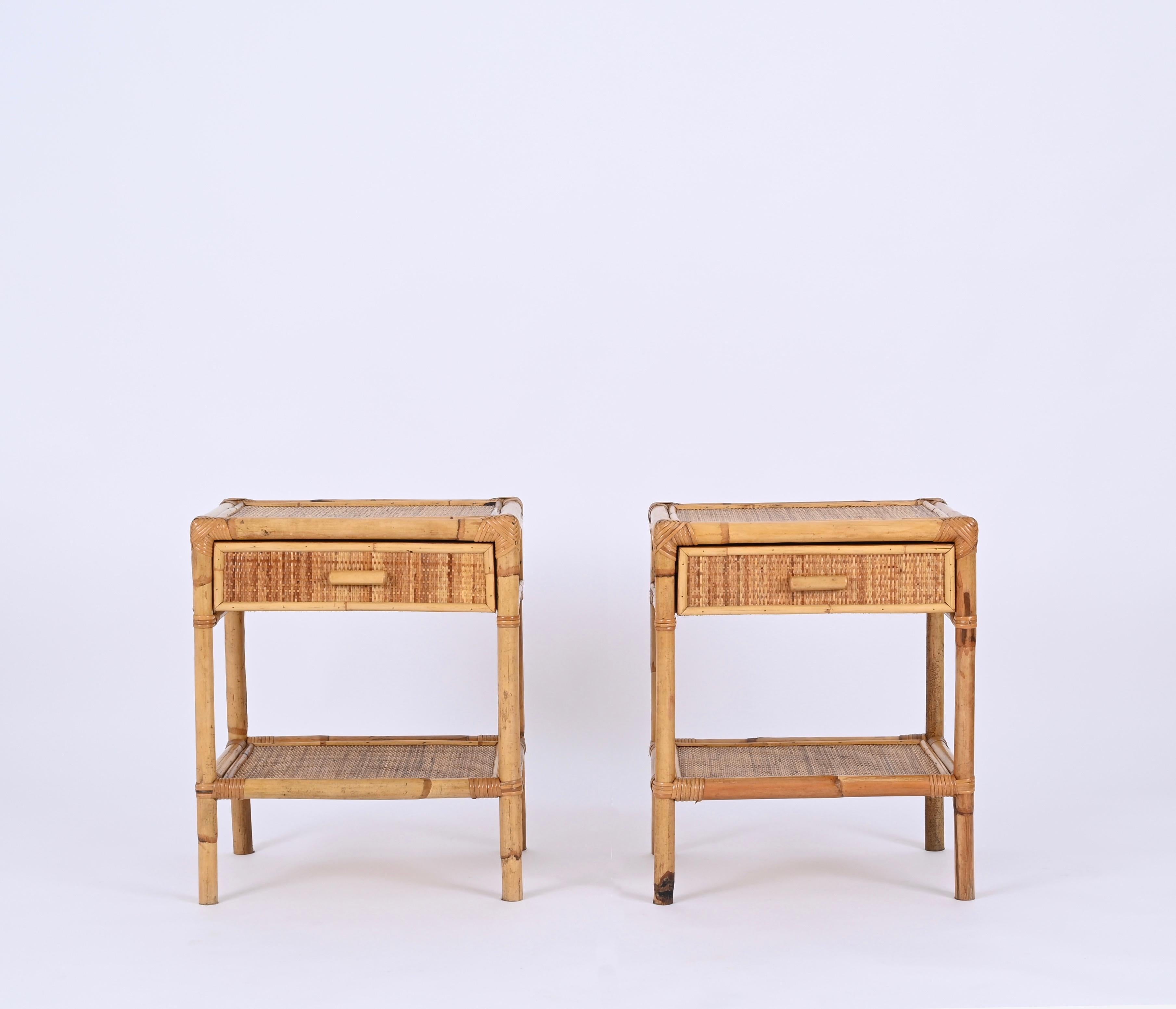 Mid-Century Modern Pair of Mid-Century French Riviera Nightstands in Bamboo and Rattan, Italy 1970s