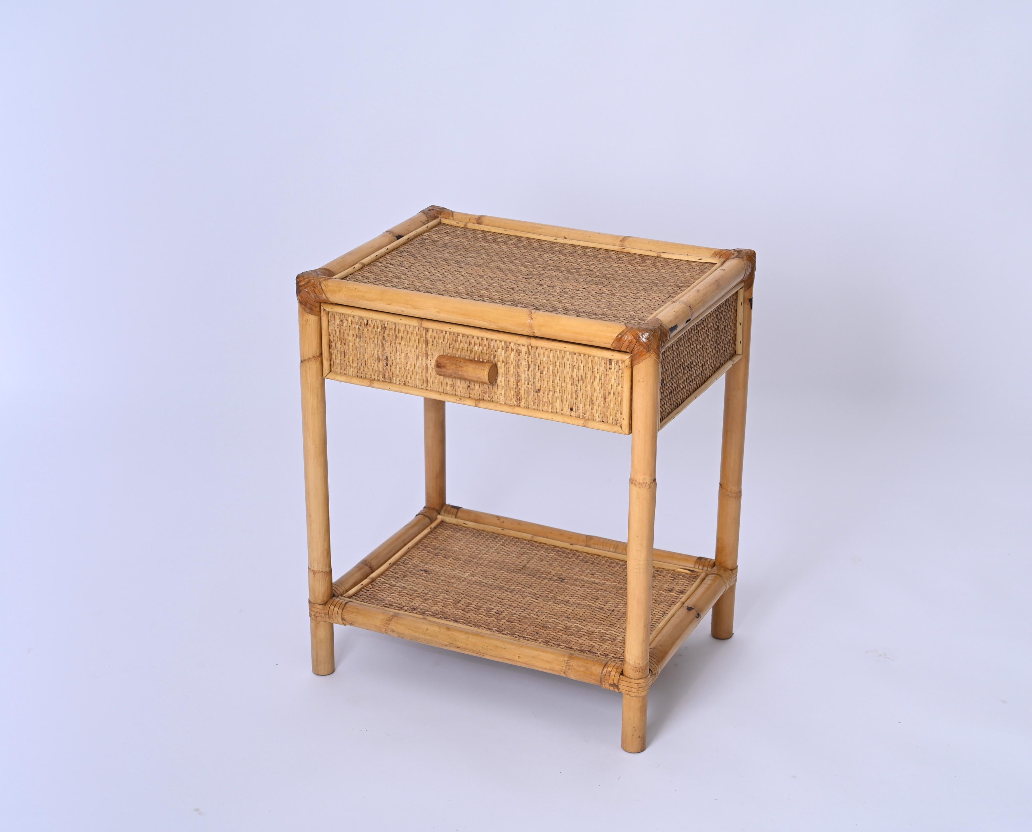 Italian Pair of Mid-Century French Riviera Nightstands in Bamboo and Rattan, Italy 1970s