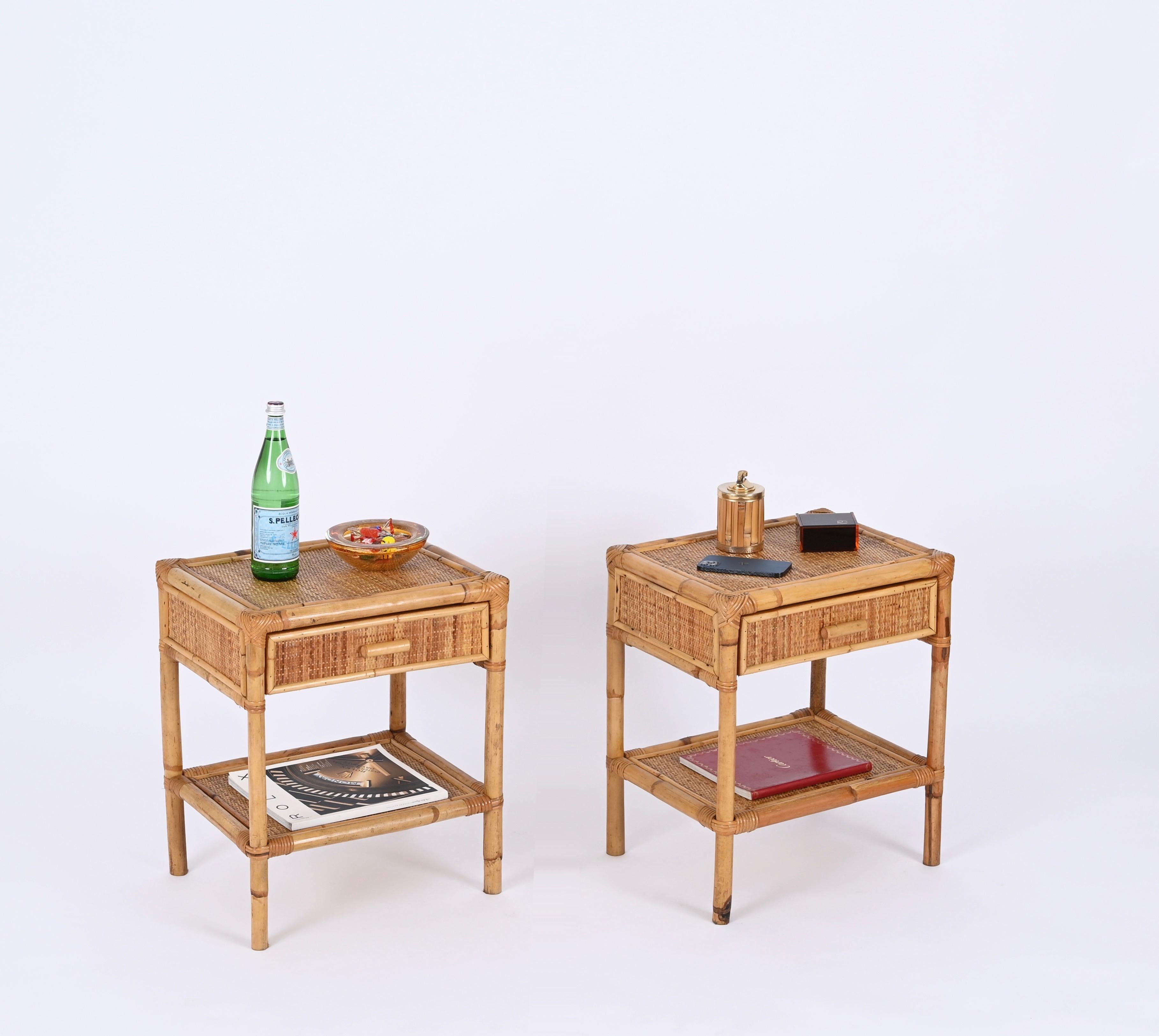 Italian Pair of Mid-Century French Riviera Nightstands in Bamboo and Rattan, Italy 1970s