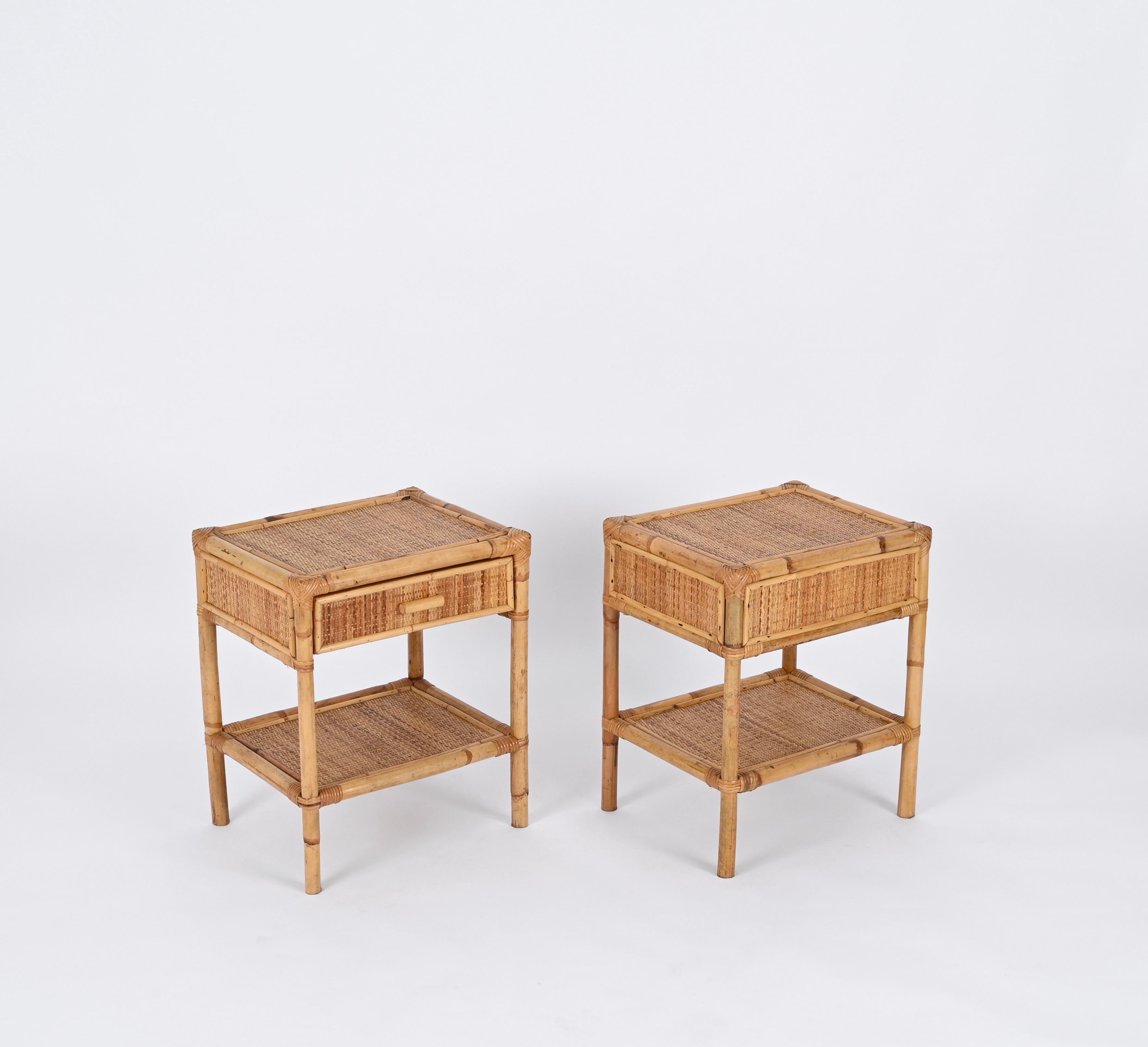 Hand-Woven Pair of Mid-Century French Riviera Nightstands in Bamboo and Rattan, Italy 1970s