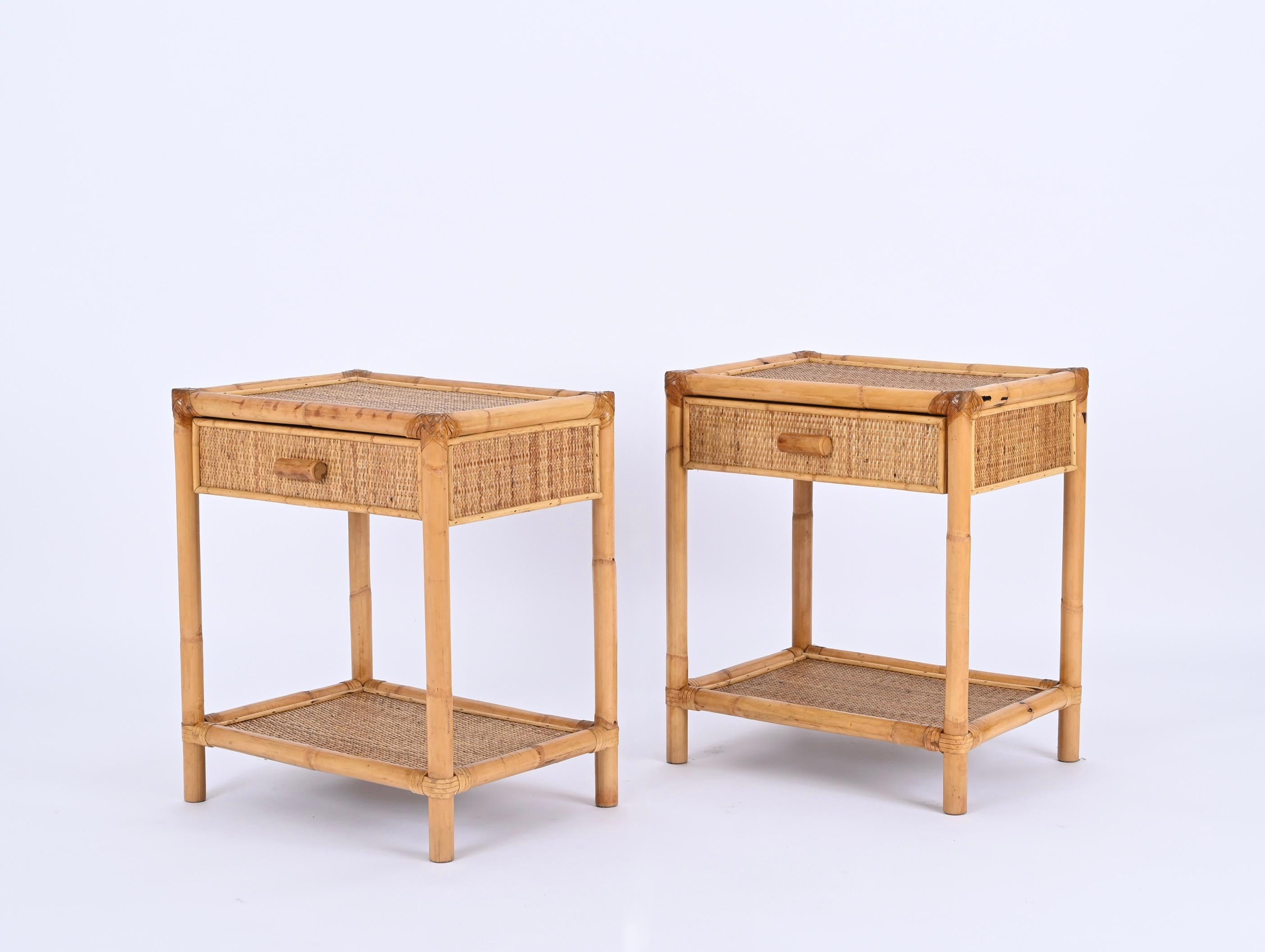 20th Century Pair of Mid-Century French Riviera Nightstands in Bamboo and Rattan, Italy 1970s