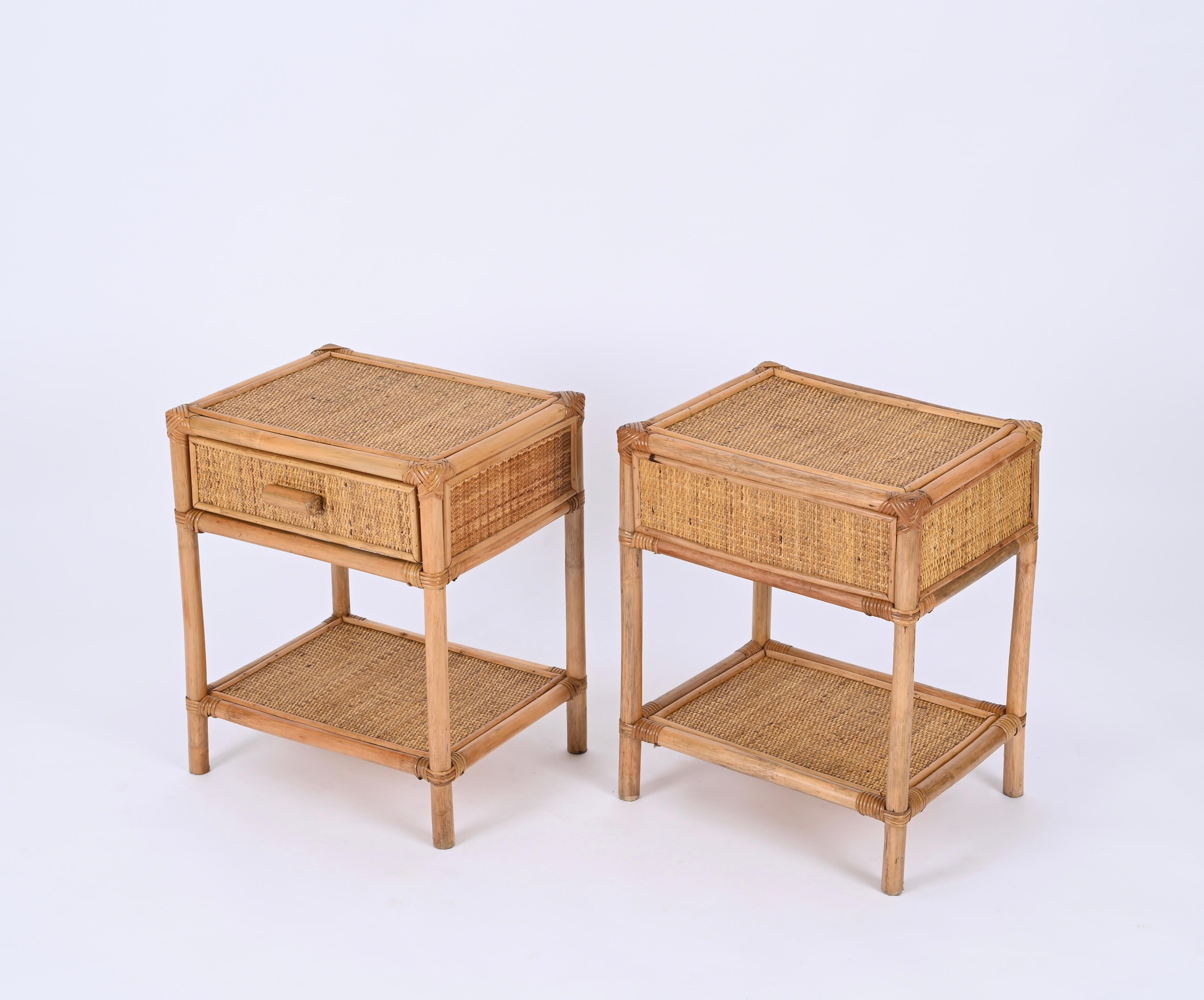 20th Century Pair of Mid-Century French Riviera Nightstands in Bamboo and Rattan, Italy 1970s