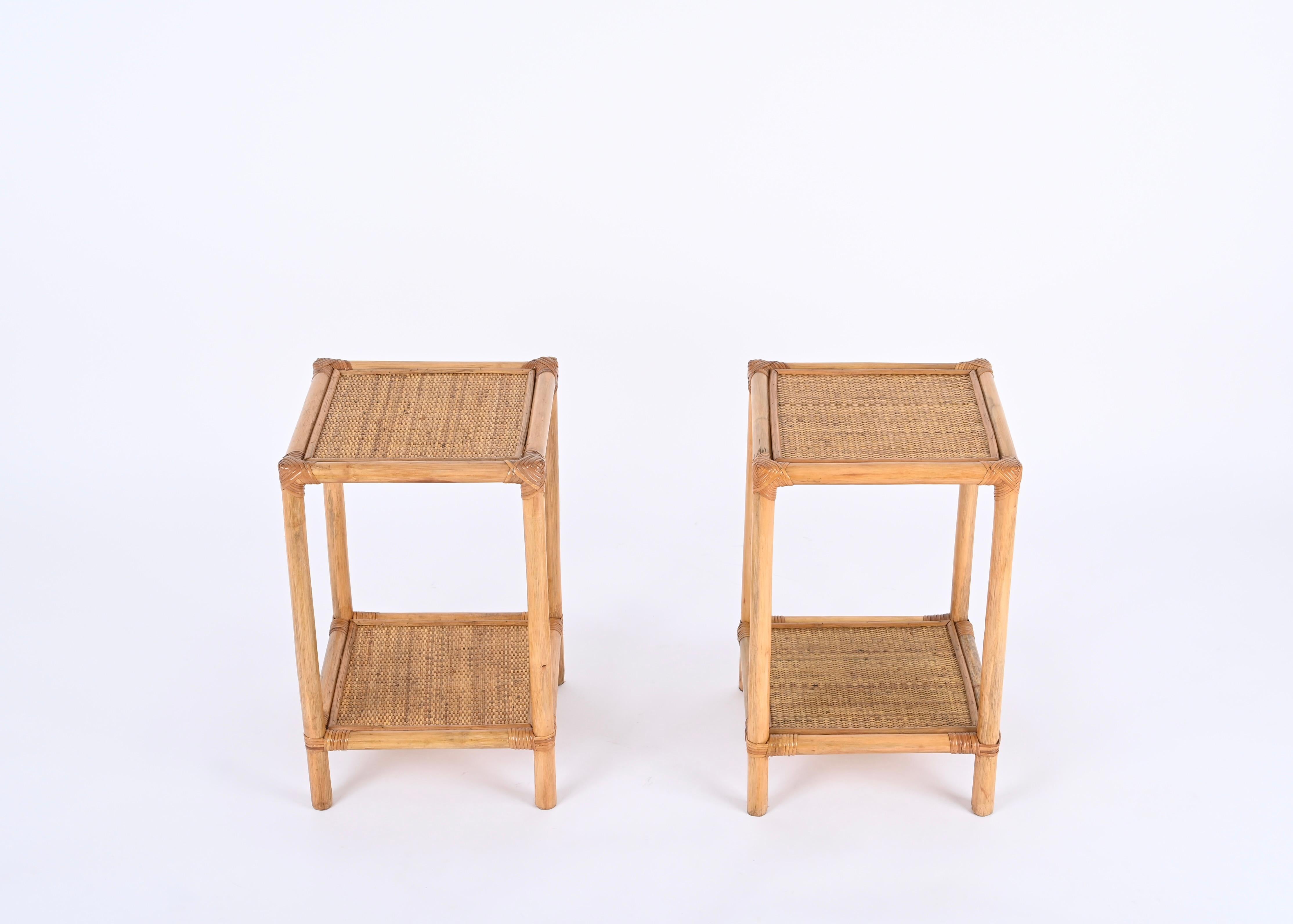 20th Century Pair of Mid-Century French Riviera Nightstands in Bamboo and Rattan, Italy 1970s