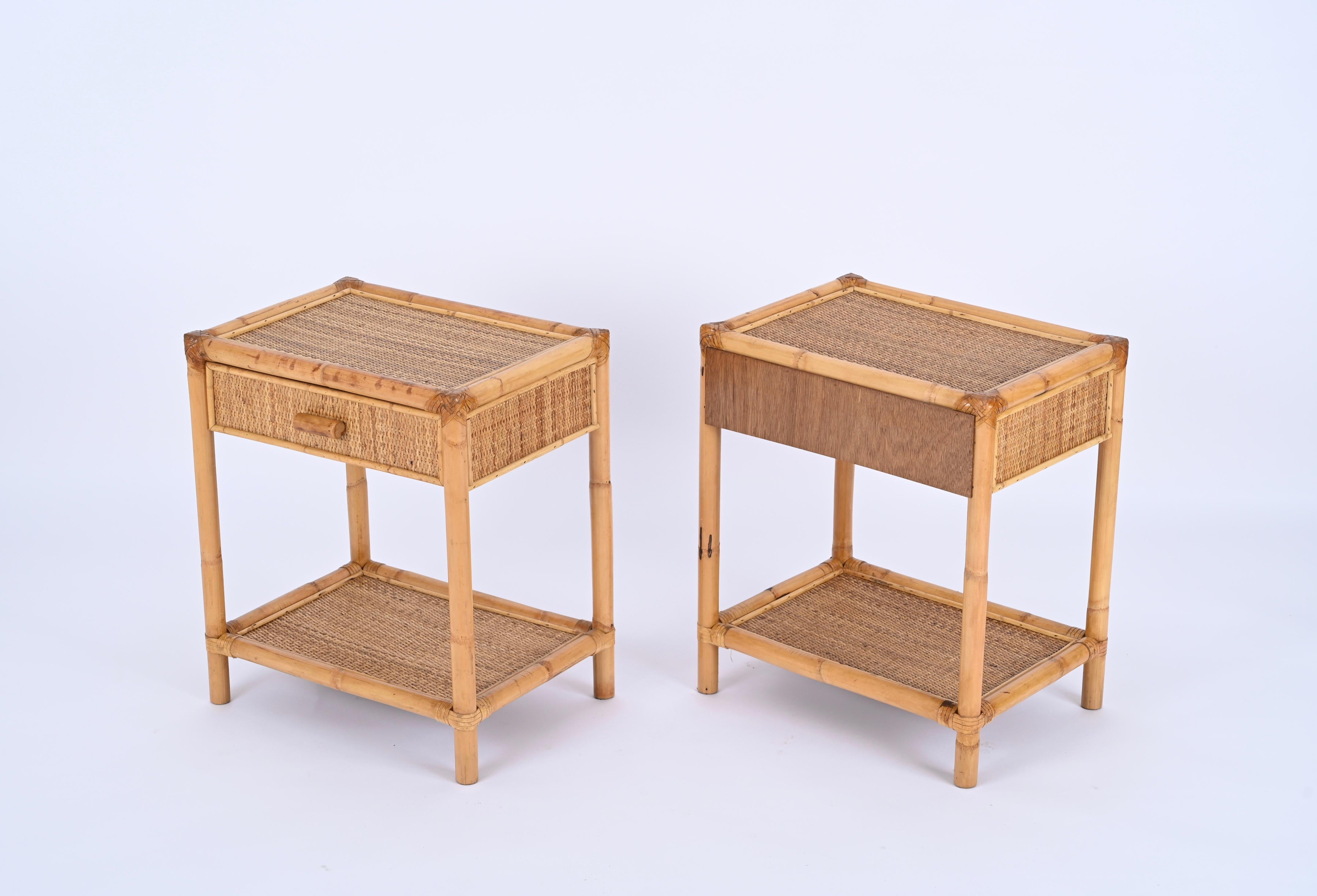 Pair of Mid-Century French Riviera Nightstands in Bamboo and Rattan, Italy 1970s 1