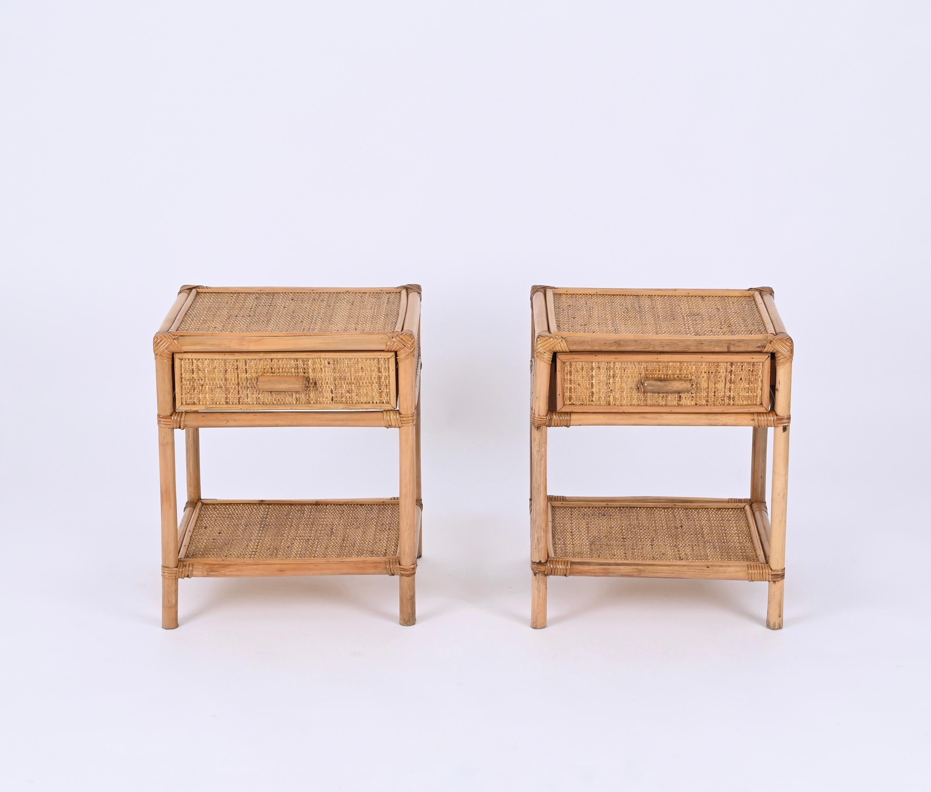Pair of Mid-Century French Riviera Nightstands in Bamboo and Rattan, Italy 1970s 2