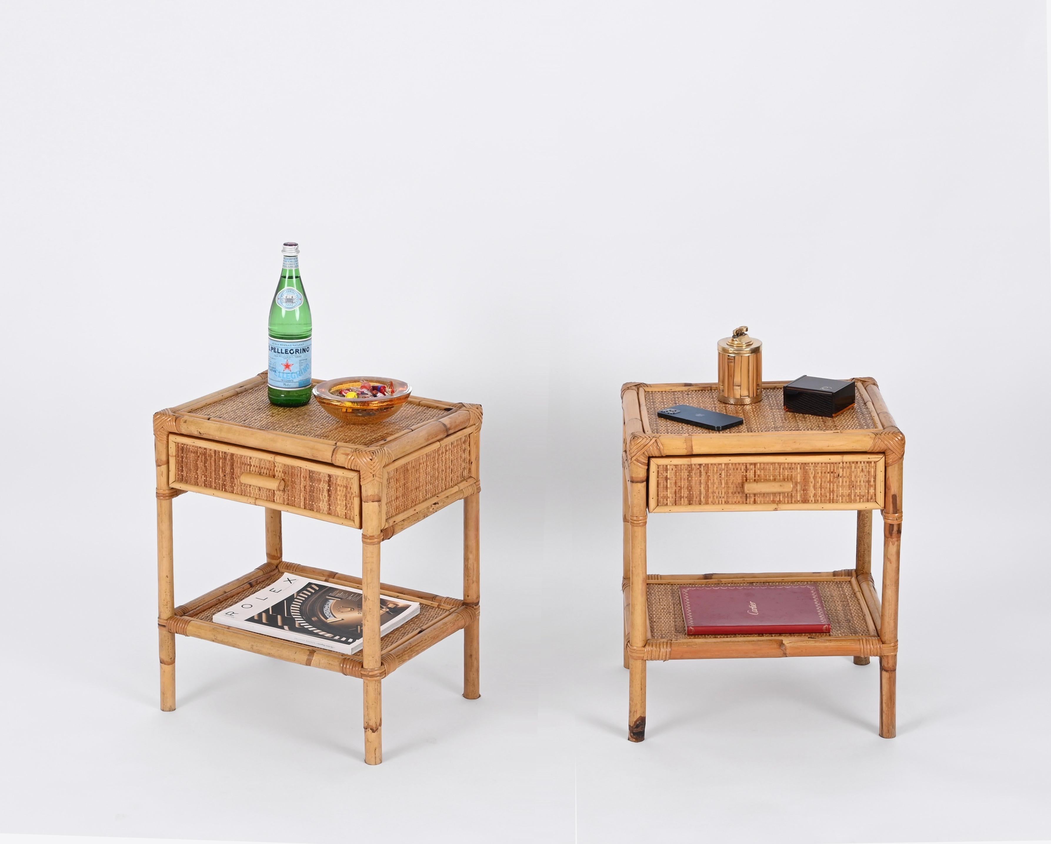 Pair of Mid-Century French Riviera Nightstands in Bamboo and Rattan, Italy 1970s 2