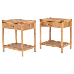 Pair of Mid-Century French Riviera Nightstands in Bamboo and Rattan, Italy 1970s