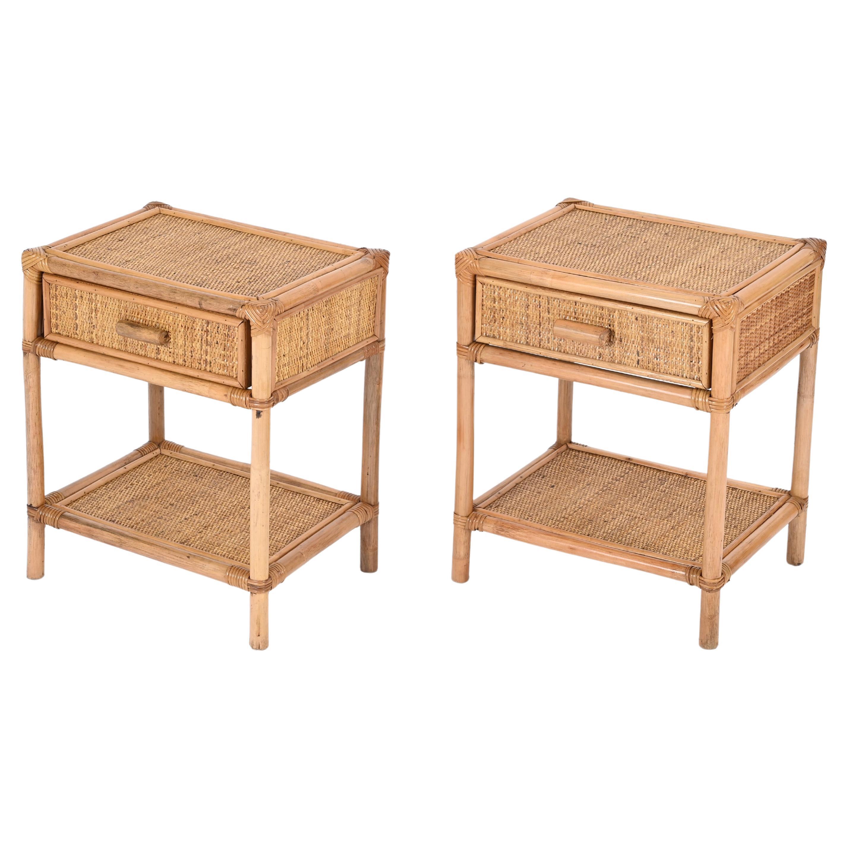 Pair of Mid-Century French Riviera Nightstands in Bamboo and Rattan, Italy 1970s