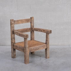 Pair of Mid-Century French Rush Primitive Oak Armchairs