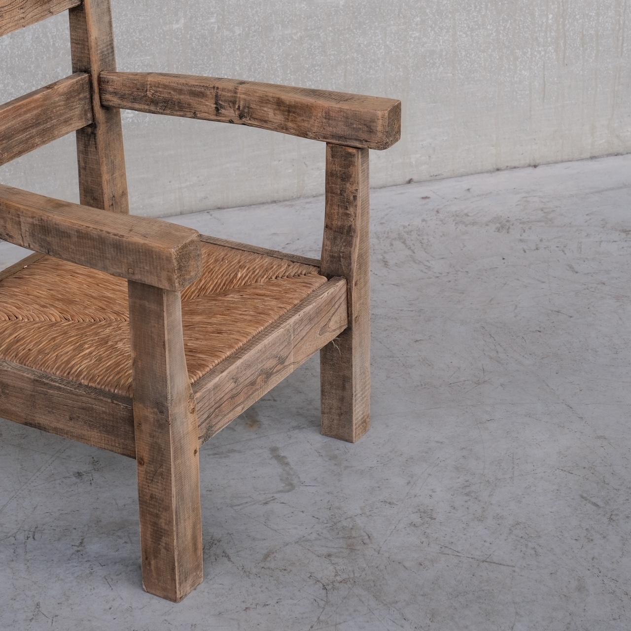 Mid-Century Modern Pair of Mid-Century French Rush Primitive Oak Armchairs For Sale