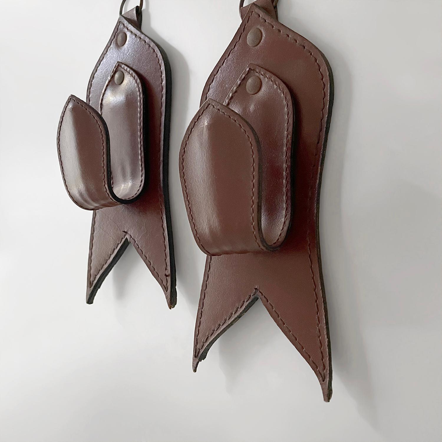 Pair of Mid Century French Saddle Leather Wall Coat Hooks in the style of Adnet For Sale 3