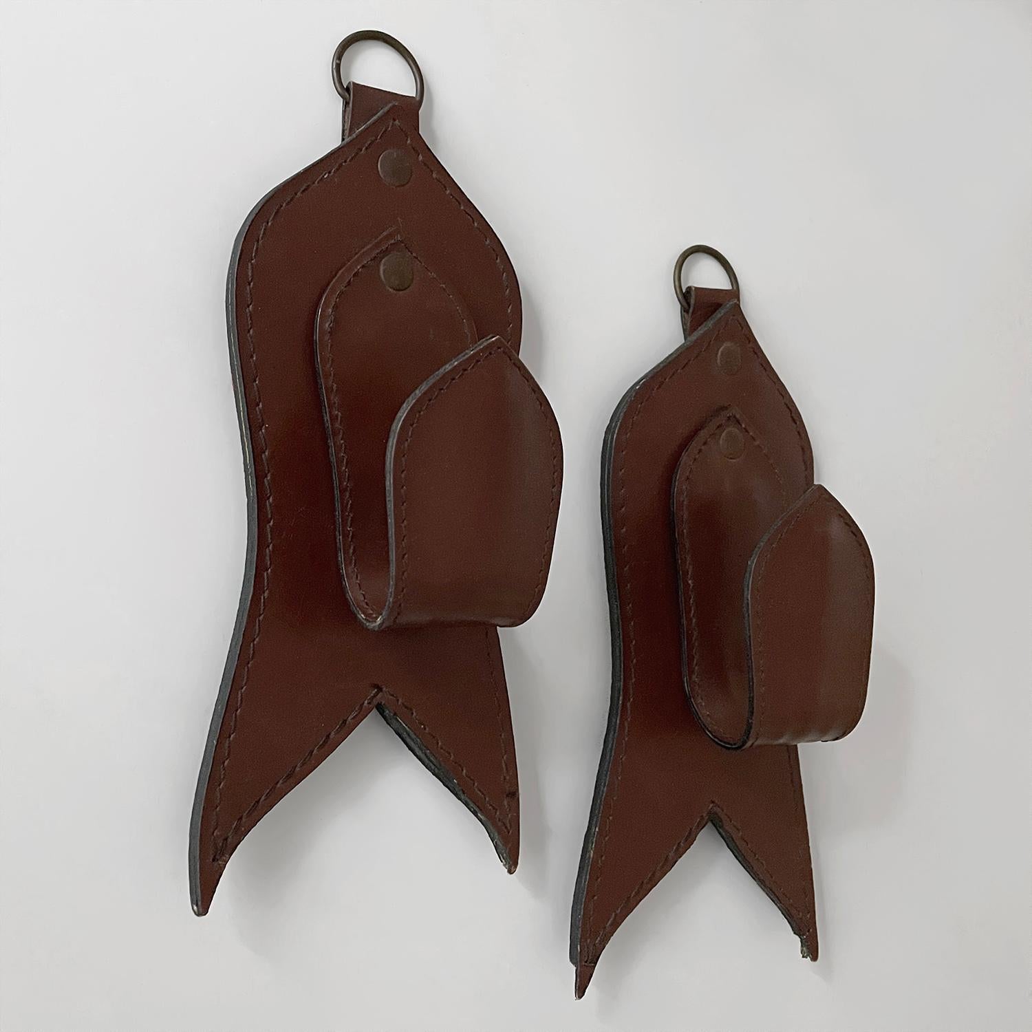 Pair of Mid Century French Saddle Leather Wall Coat Hooks in the style of Adnet For Sale 4