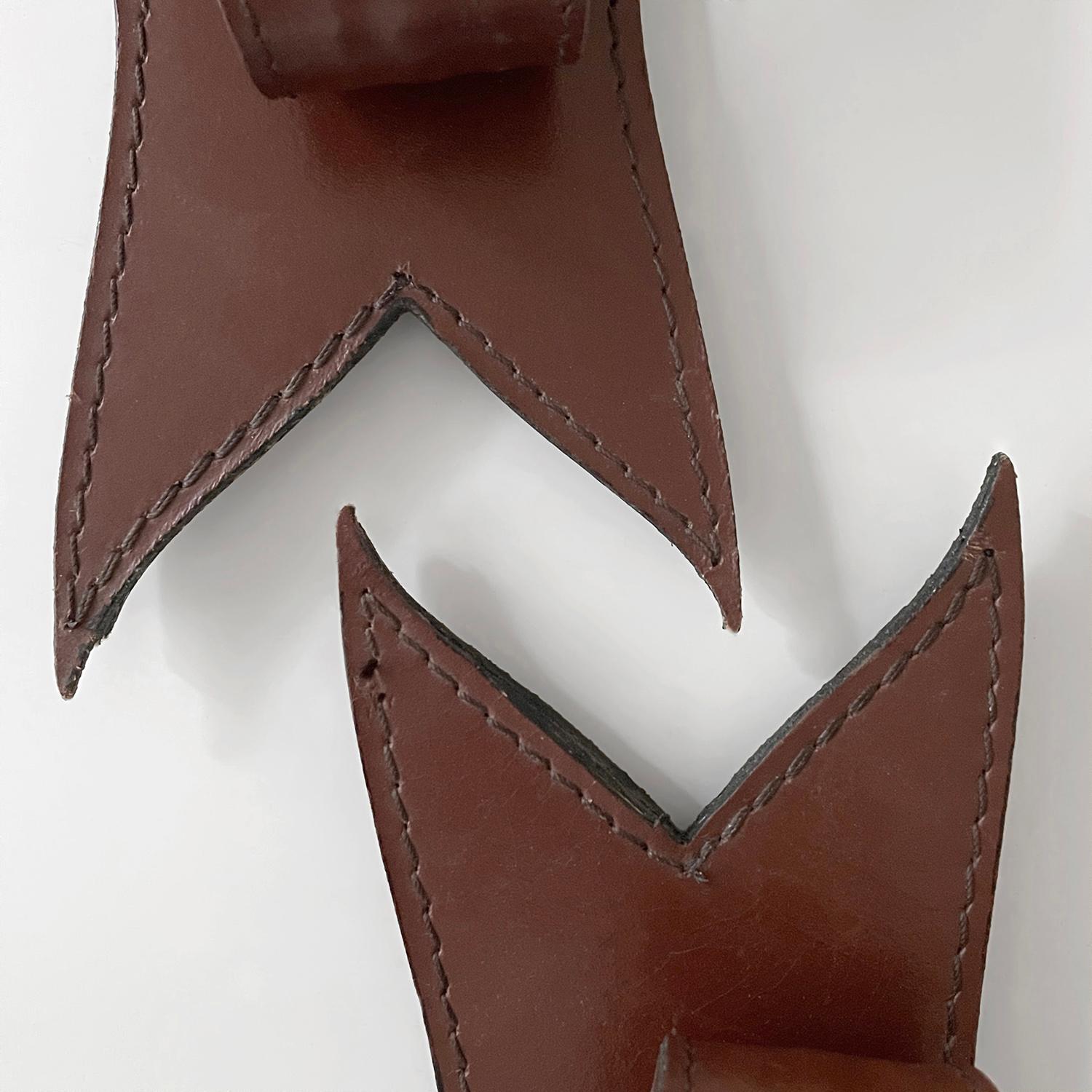 Pair of Mid Century French Saddle Leather Wall Coat Hooks in the style of Adnet For Sale 5