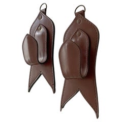 Pair of Mid Century French Saddle Leather Wall Coat Hooks in the style of Adnet