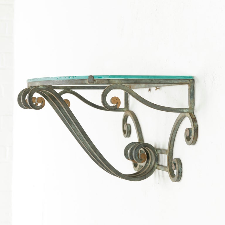 Pair of Midcentury French Scrolled Iron Wall Brackets or Sconces, Glass