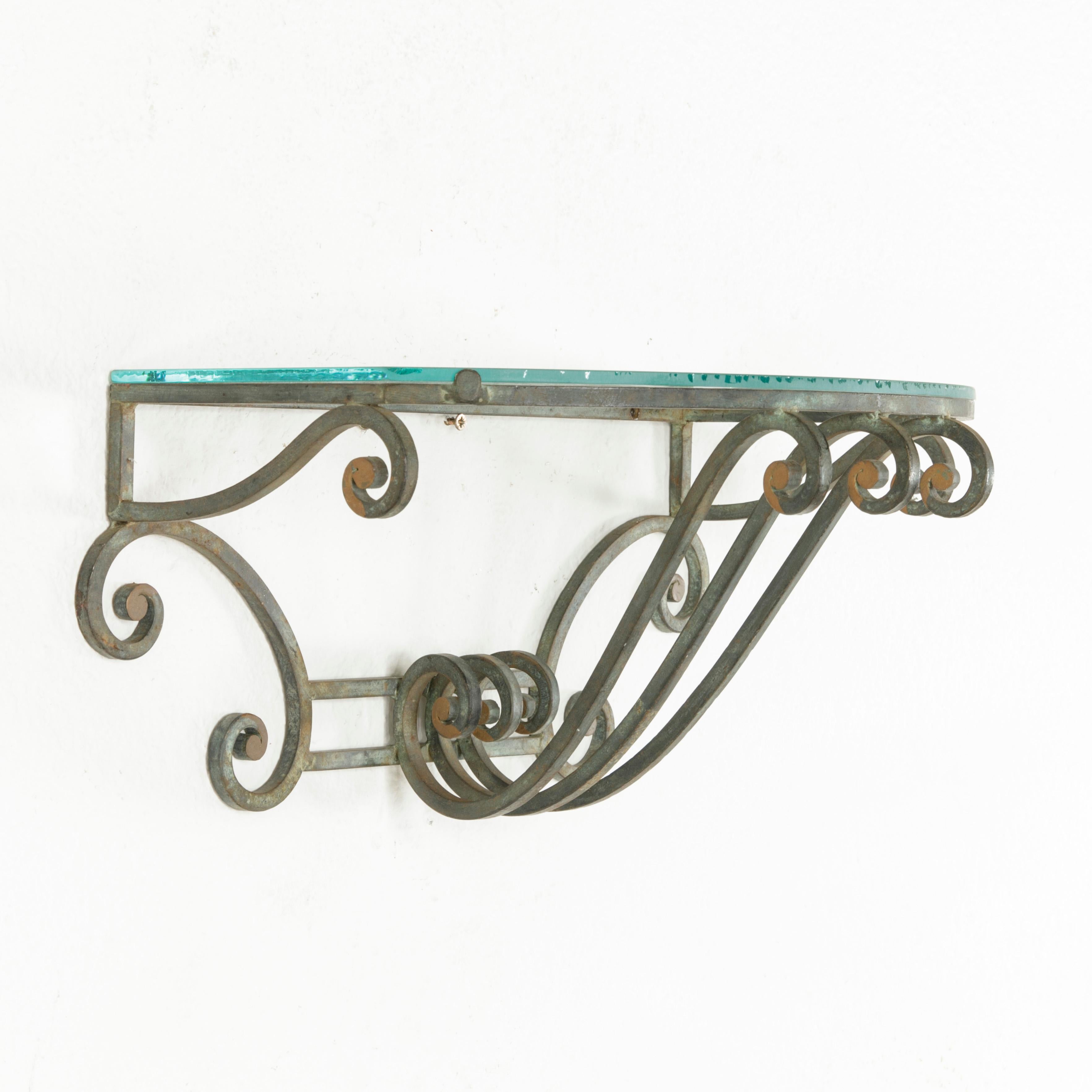 Pair of Midcentury French Scrolled Iron Wall Brackets or Sconces, Glass Shelves In Good Condition In Fayetteville, AR
