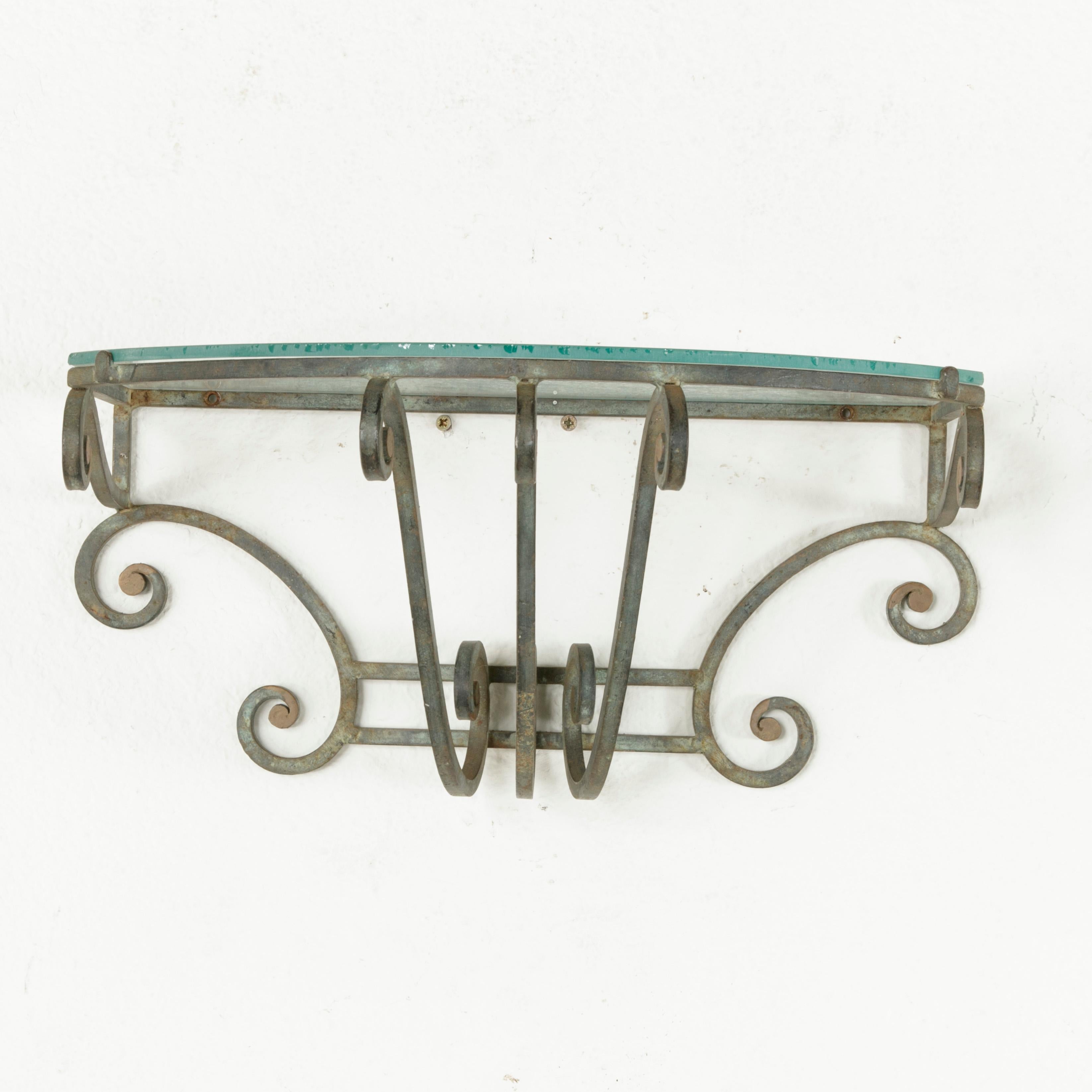 20th Century Pair of Midcentury French Scrolled Iron Wall Brackets or Sconces, Glass Shelves