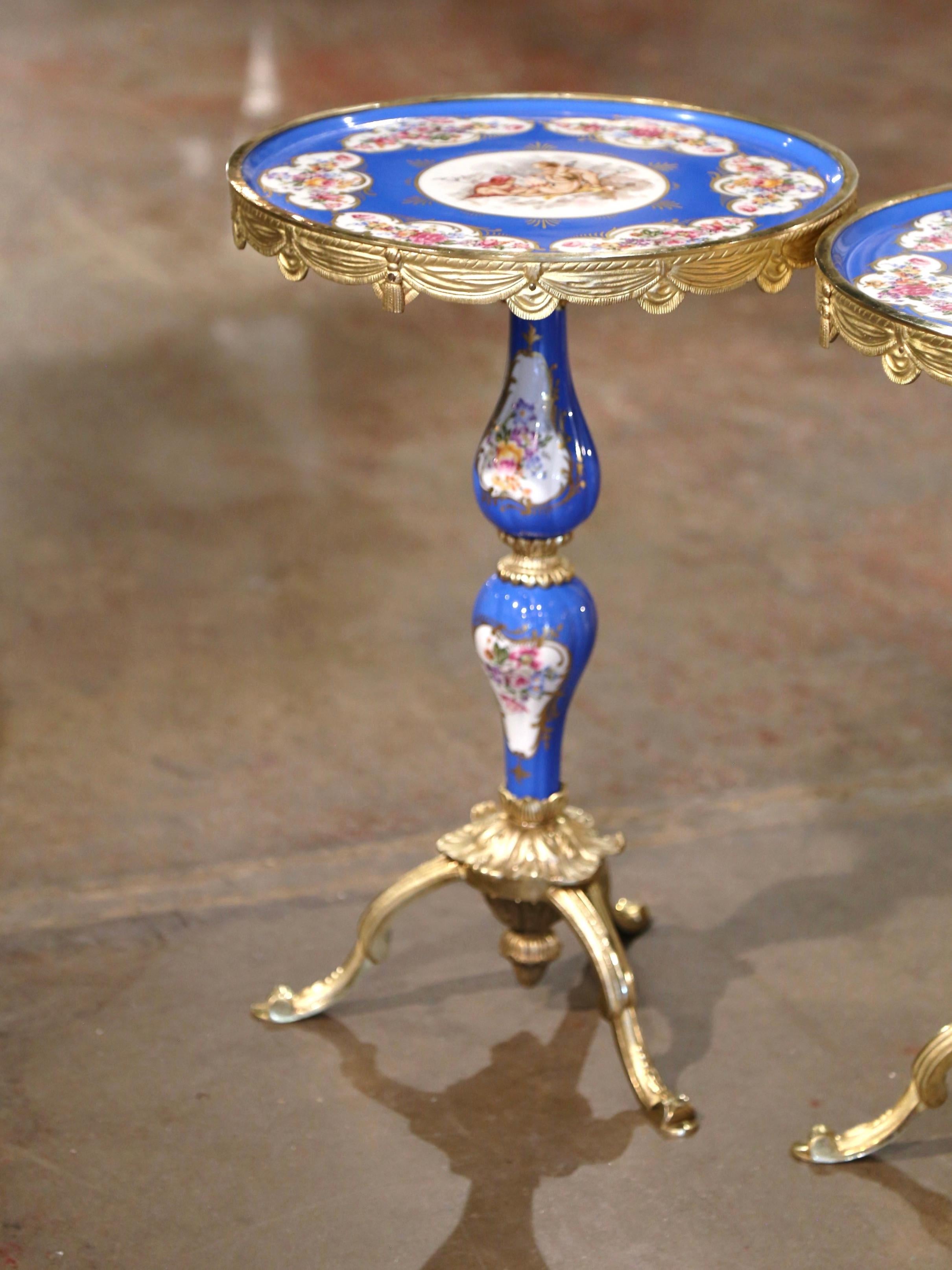 Napoleon III Pair of Mid-Century French Sevres Porcelain and Bronze Dore Martini Side Tables