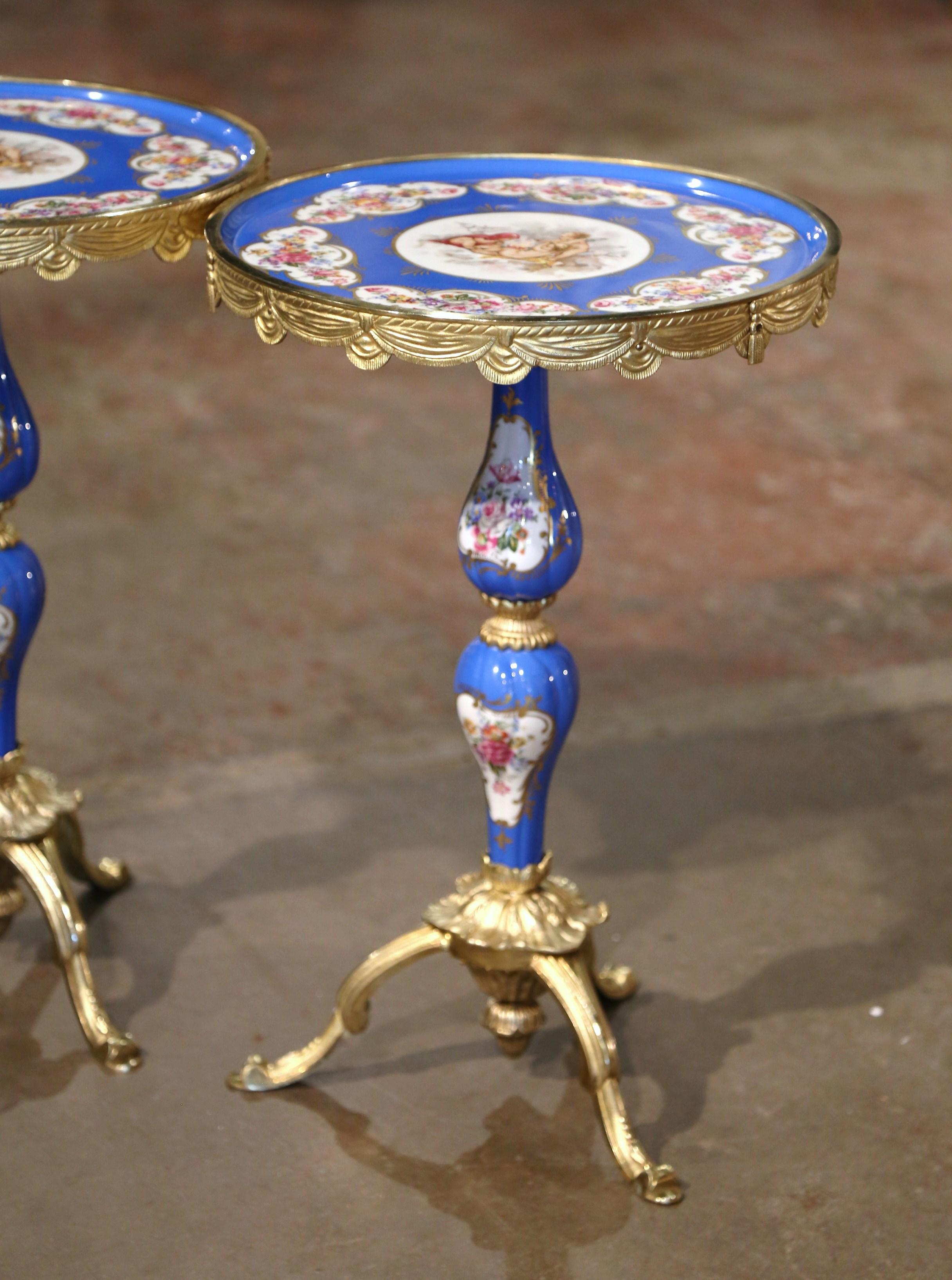 Gilt Pair of Mid-Century French Sevres Porcelain and Bronze Dore Martini Side Tables
