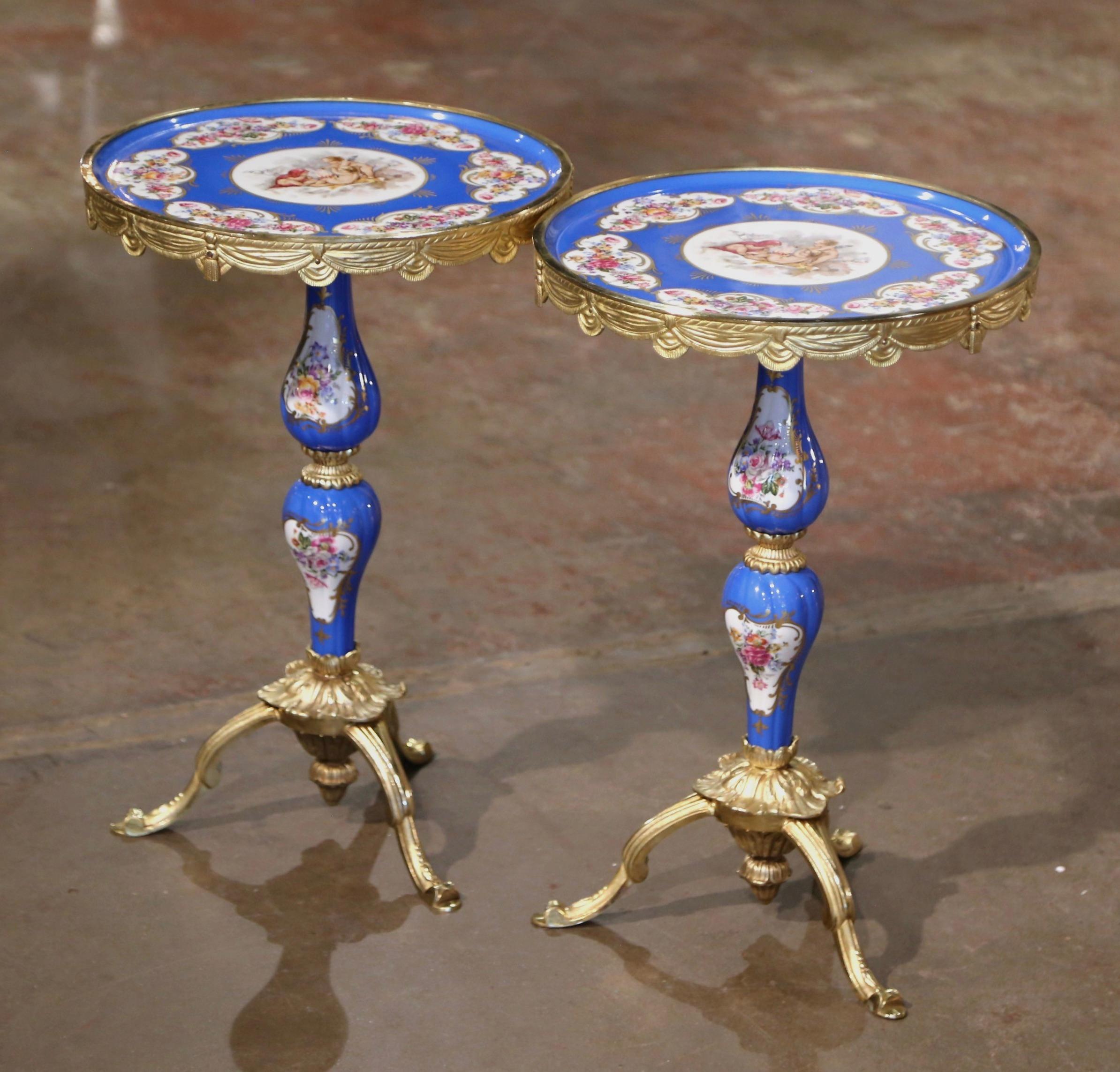 Pair of Mid-Century French Sevres Porcelain and Bronze Dore Martini Side Tables In Excellent Condition In Dallas, TX