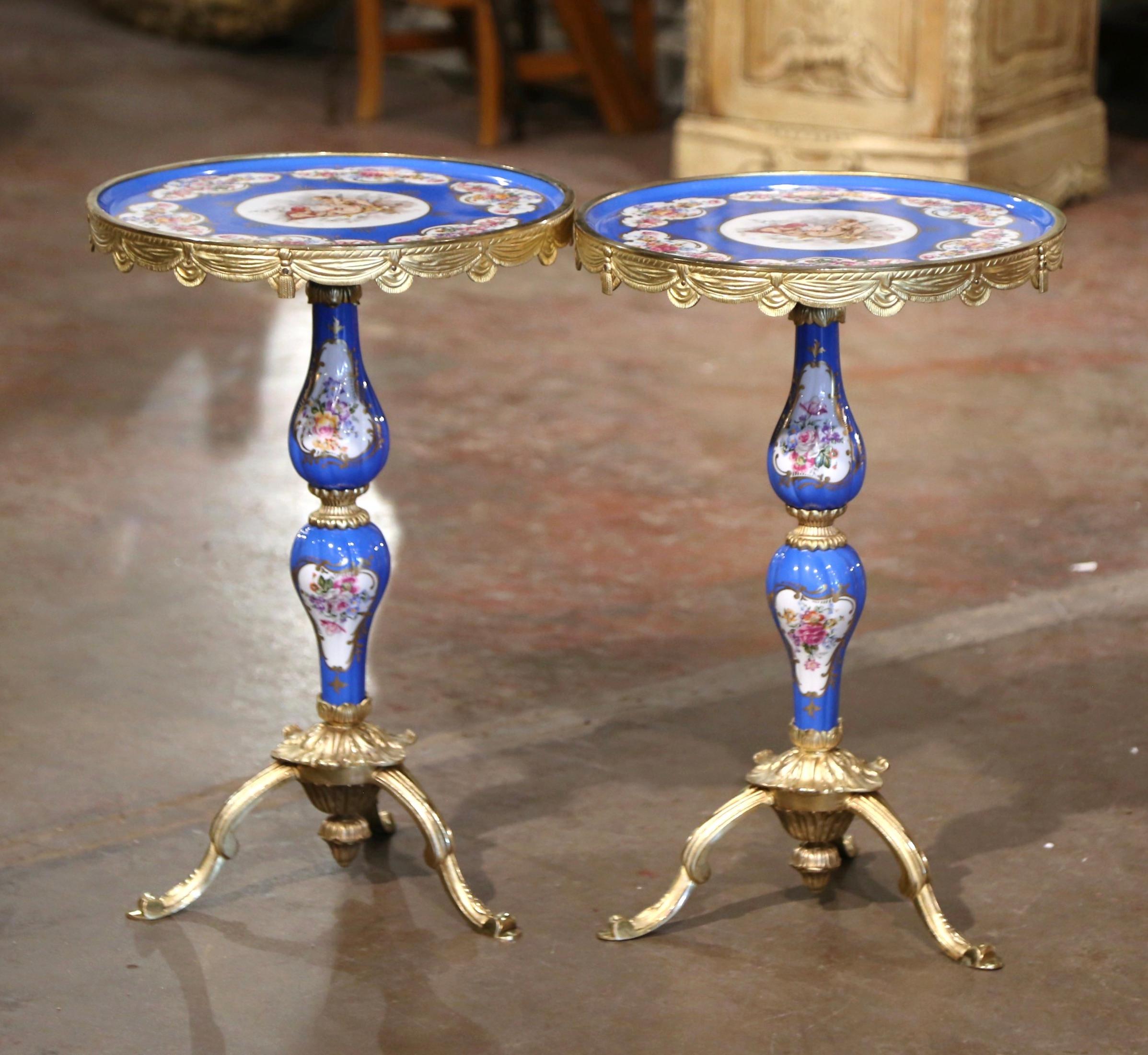 20th Century Pair of Mid-Century French Sevres Porcelain and Bronze Dore Martini Side Tables