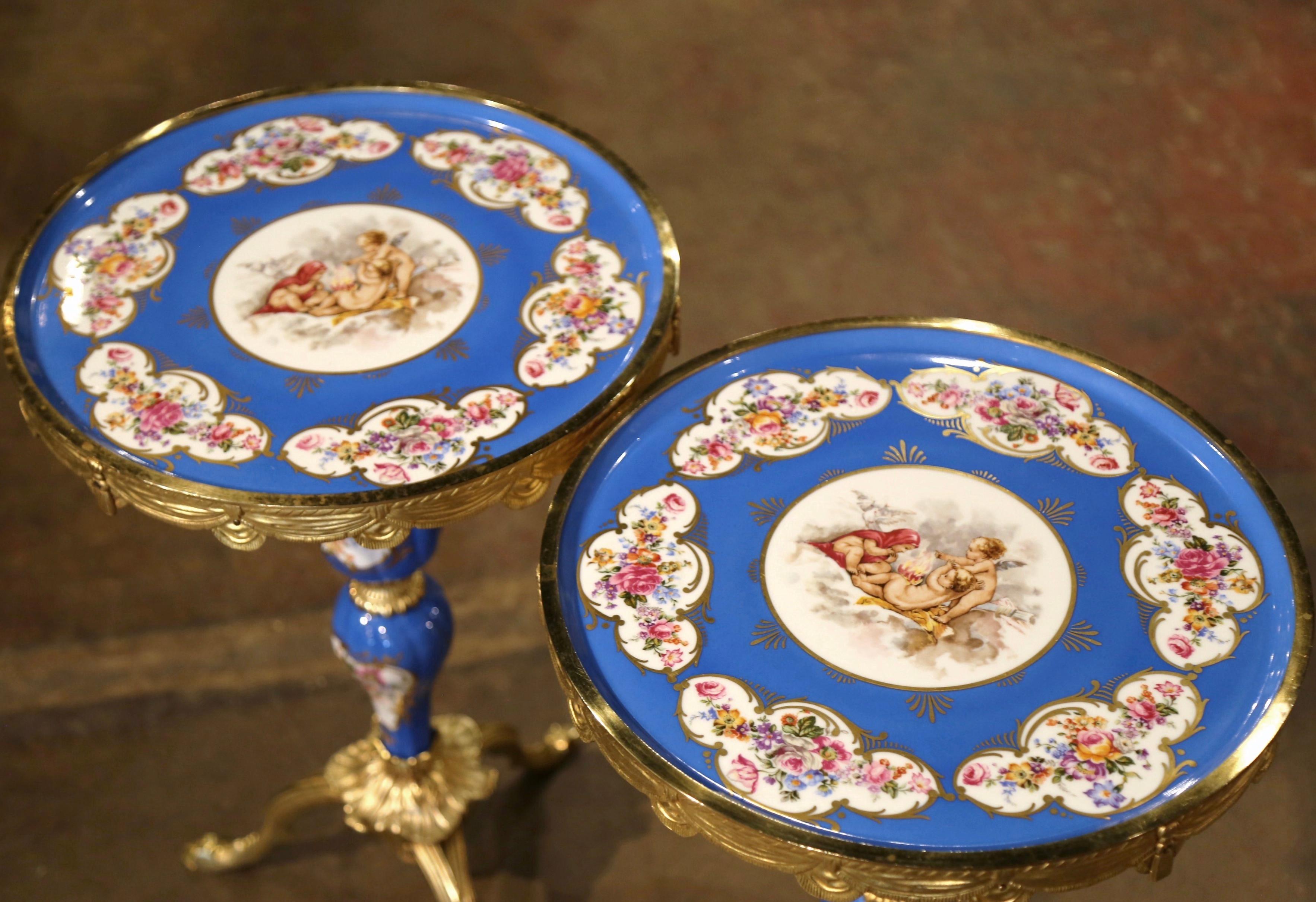 Pair of Mid-Century French Sevres Porcelain and Bronze Dore Martini Side Tables 1