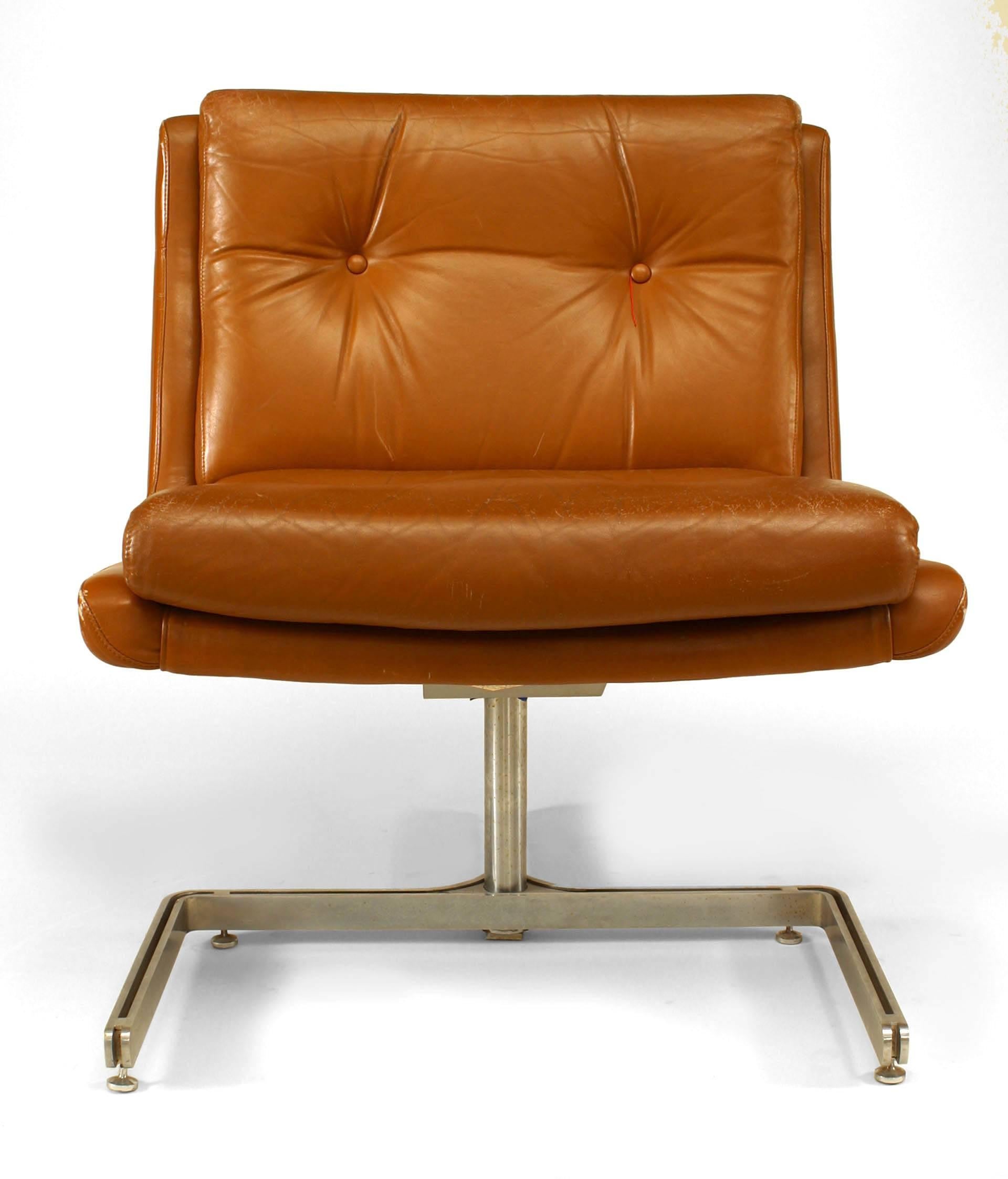 Mid-Century Modern Pair of French Post-War Brown Leather Side Chairs For Sale