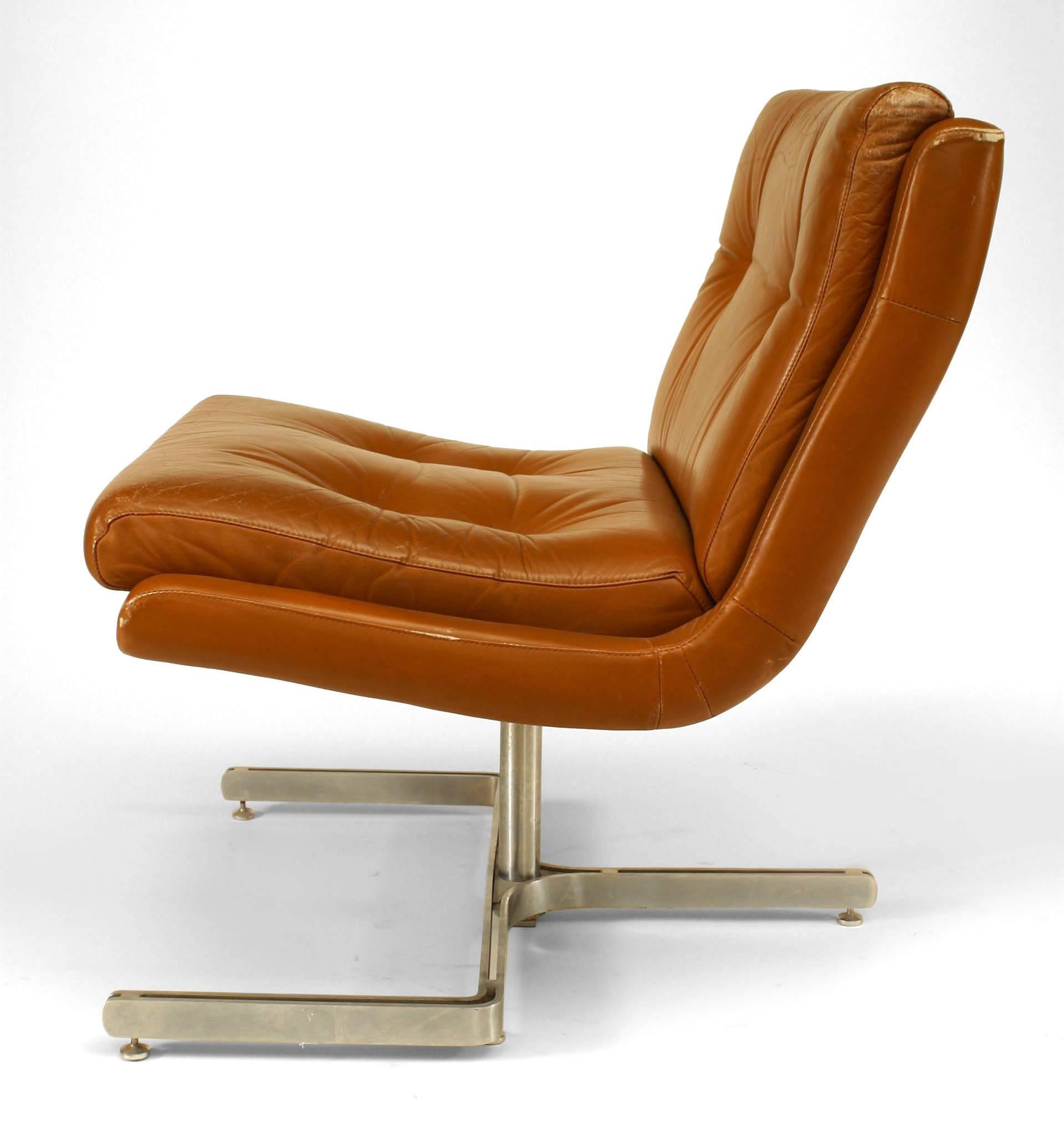 Mid-20th Century Pair of French Post-War Brown Leather Side Chairs For Sale