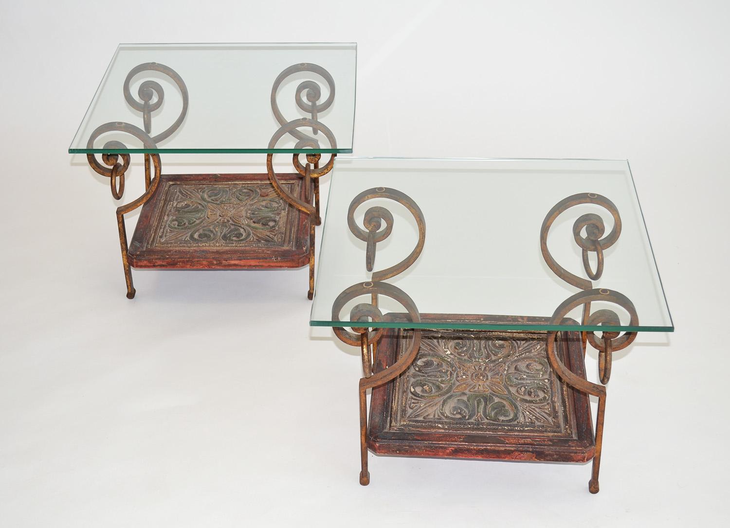 Pair of mid century French side or end tables French 1960s
Pair of mid century French side or end tables  French 1960's. Unique tables d'appoint on carved poly chromed wood base / shelf with antique gold gilt iron legs and scrolling with decorative
