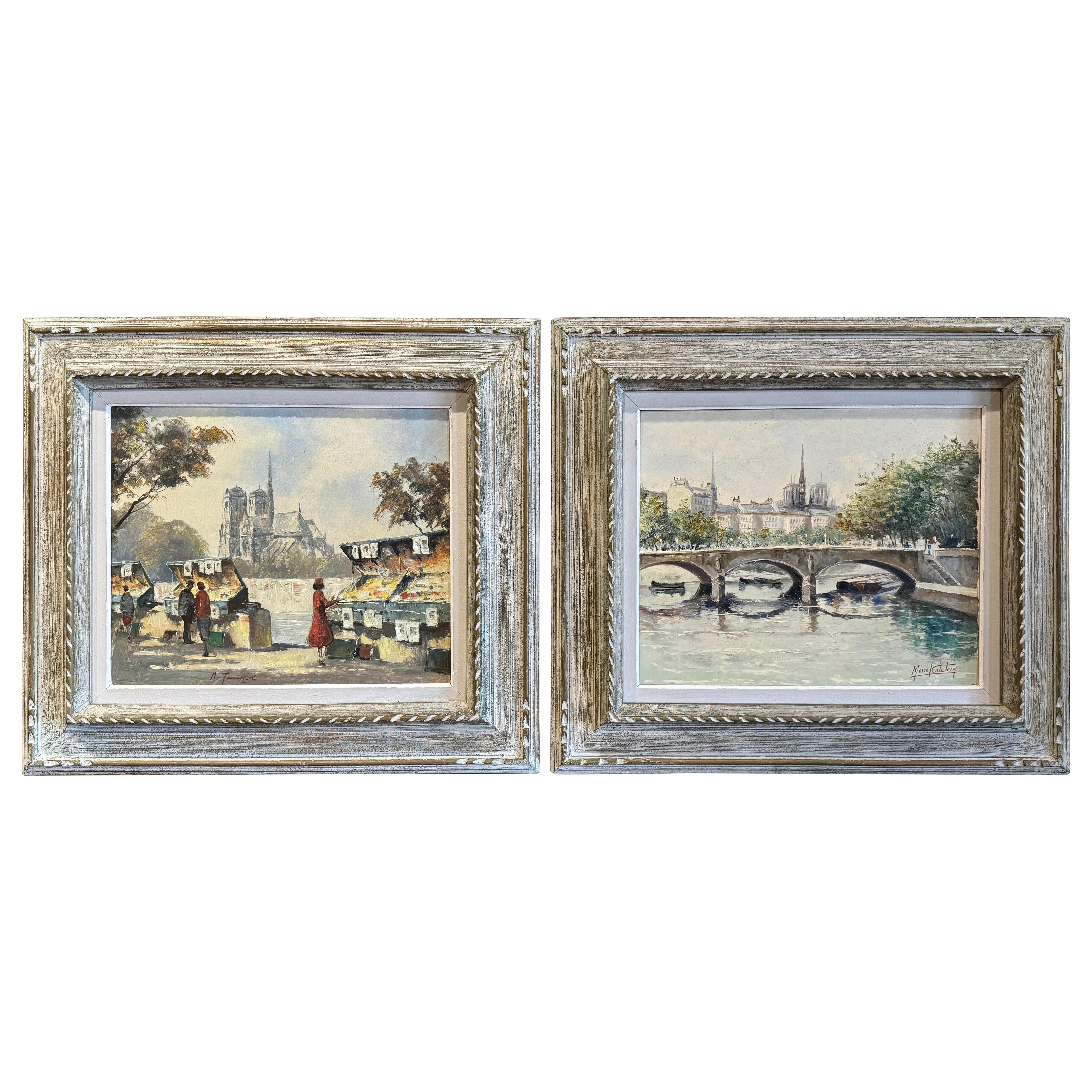 Pair of Mid-Century French Signed Framed Oil on Canvas Parisian Paintings