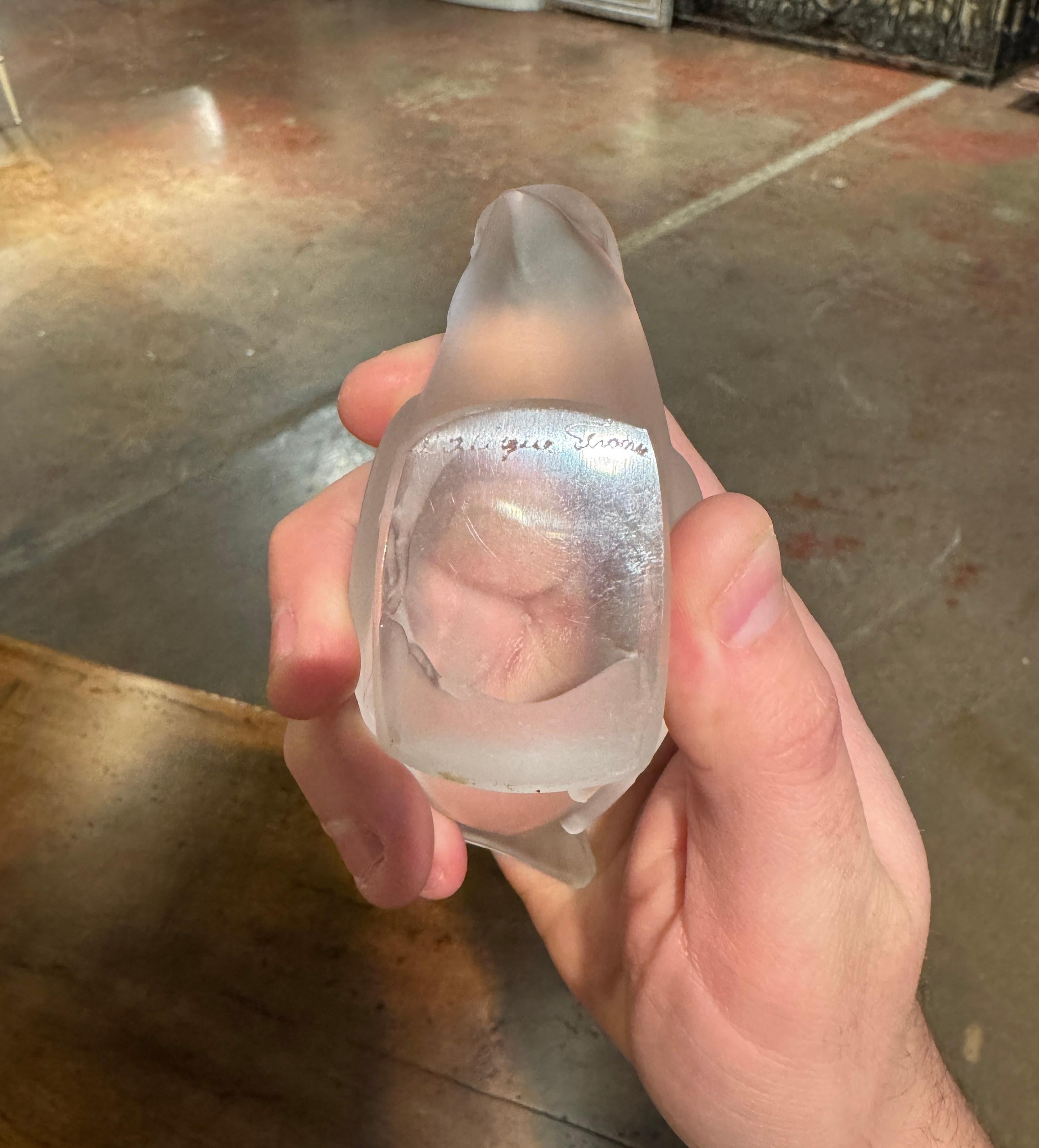 20th Century Pair of Mid-Century French Signed Lalique Frosted Crystal Sparrow Sculptures