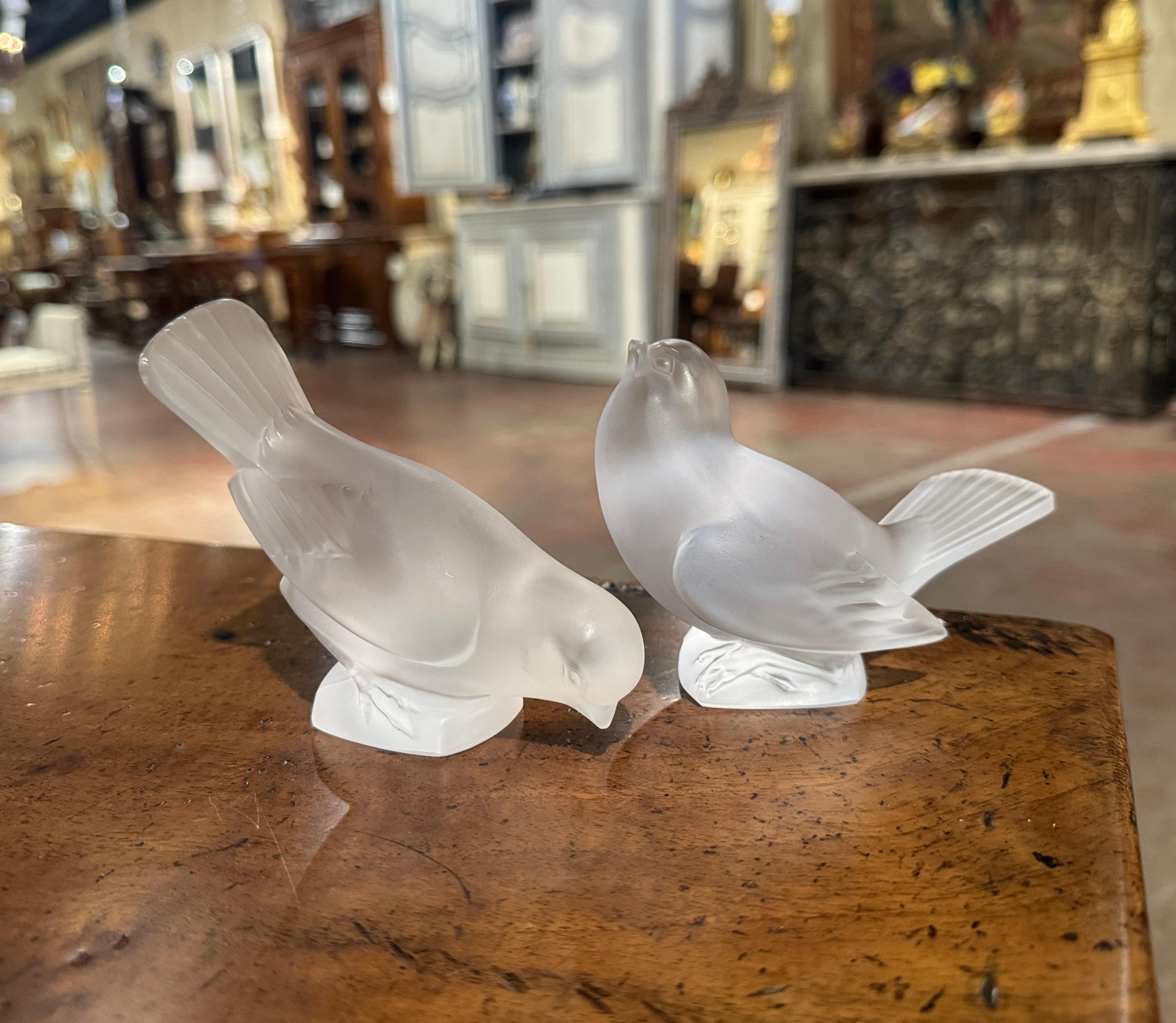 Pair of Mid-Century French Signed Lalique Frosted Crystal Sparrow Sculptures 1