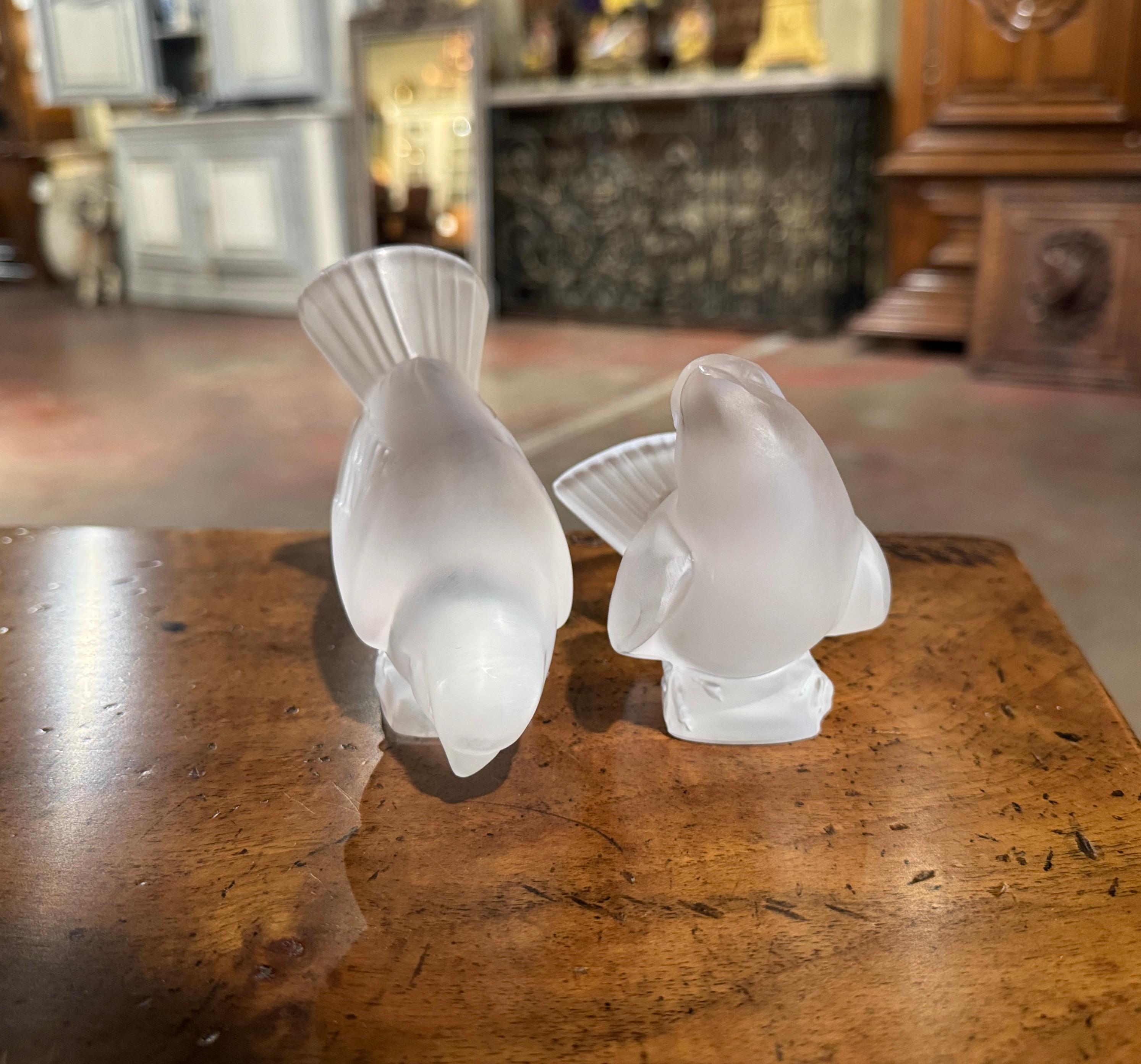 Pair of Mid-Century French Signed Lalique Frosted Crystal Sparrow Sculptures 2