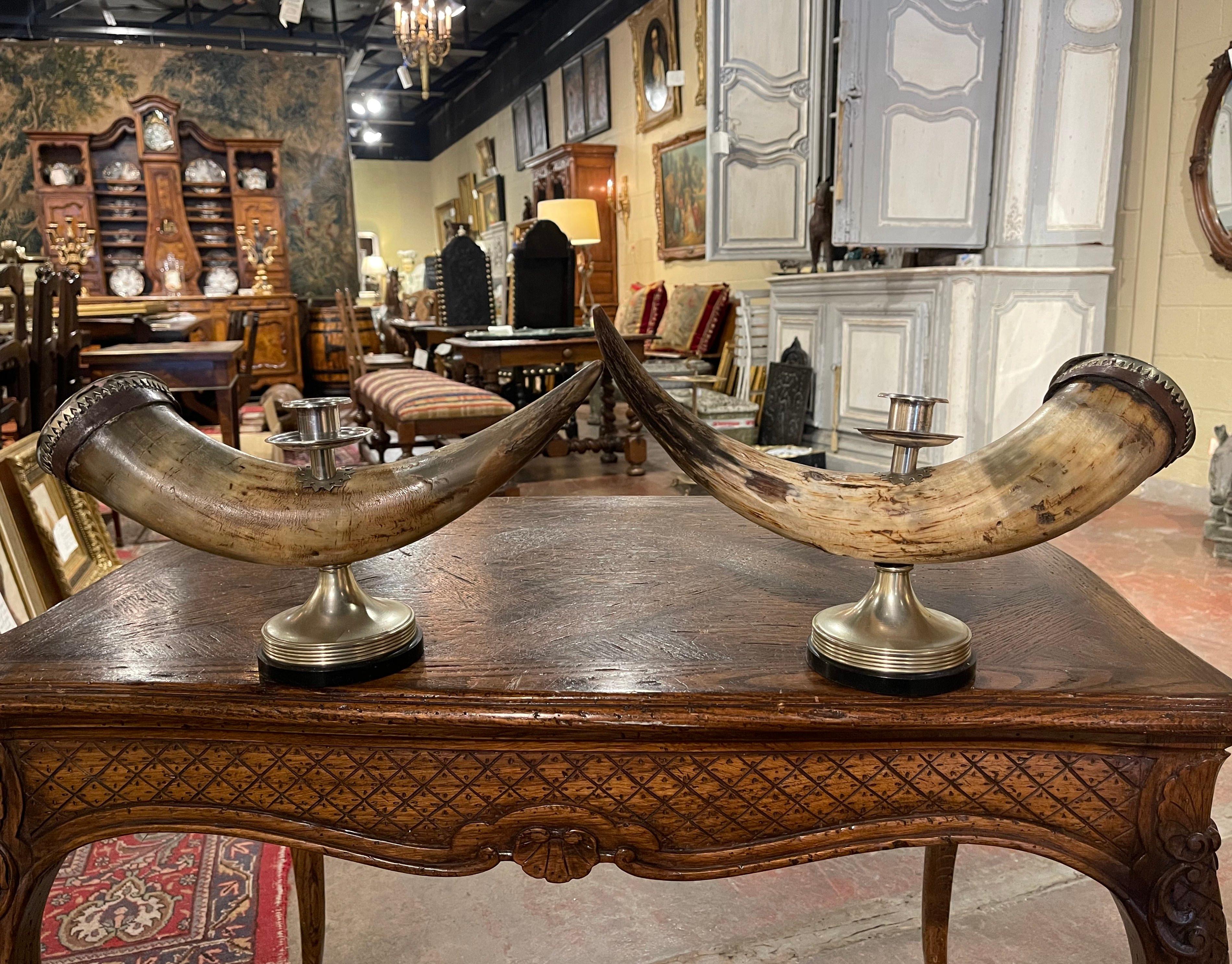 Silver Plate Pair of Mid-Century French Silver-Plated and Horn Table Candlesticks