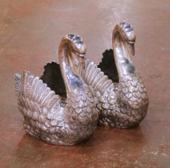 Pair of Mid-Century French Silvered Copper Swan Planters