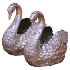 Pair of Mid-Century French Silvered Copper Swan Planters