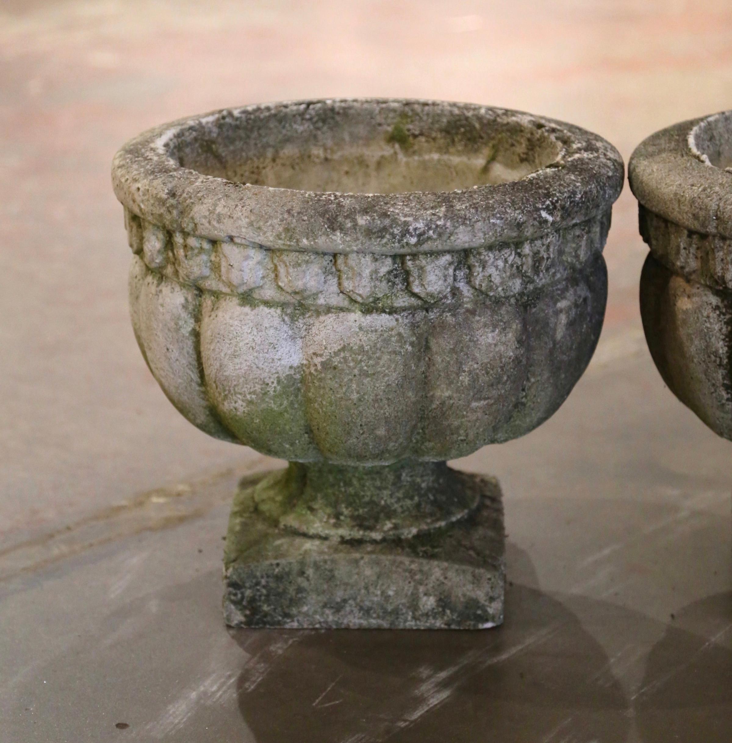 Neoclassical Pair of Mid-Century French Stone Garden Urns Planters