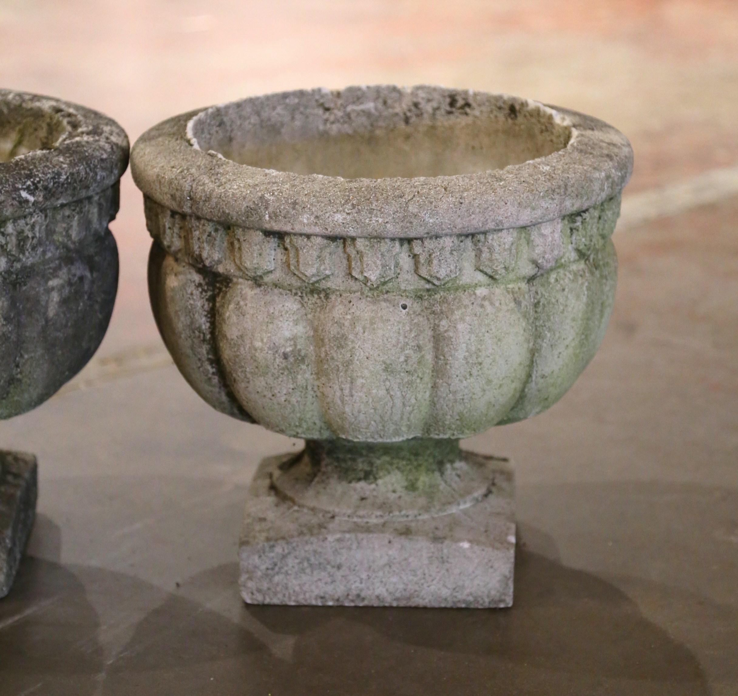 Hand-Carved Pair of Mid-Century French Stone Garden Urns Planters